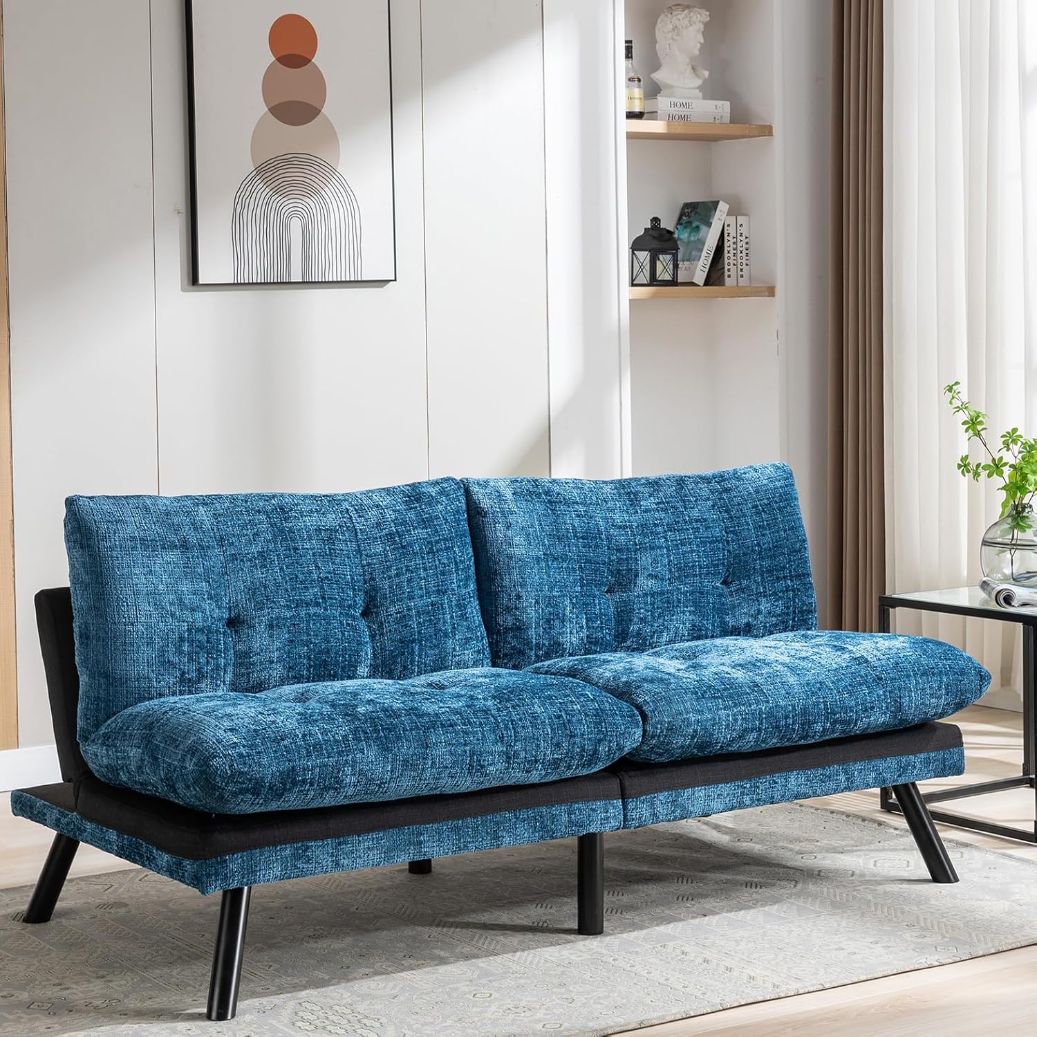 Anwick Sofá cama convertible ajustable, sofá biplaza futón con chenilla transpirable, patas de metal y salón ajustable, perfecto para espacios de