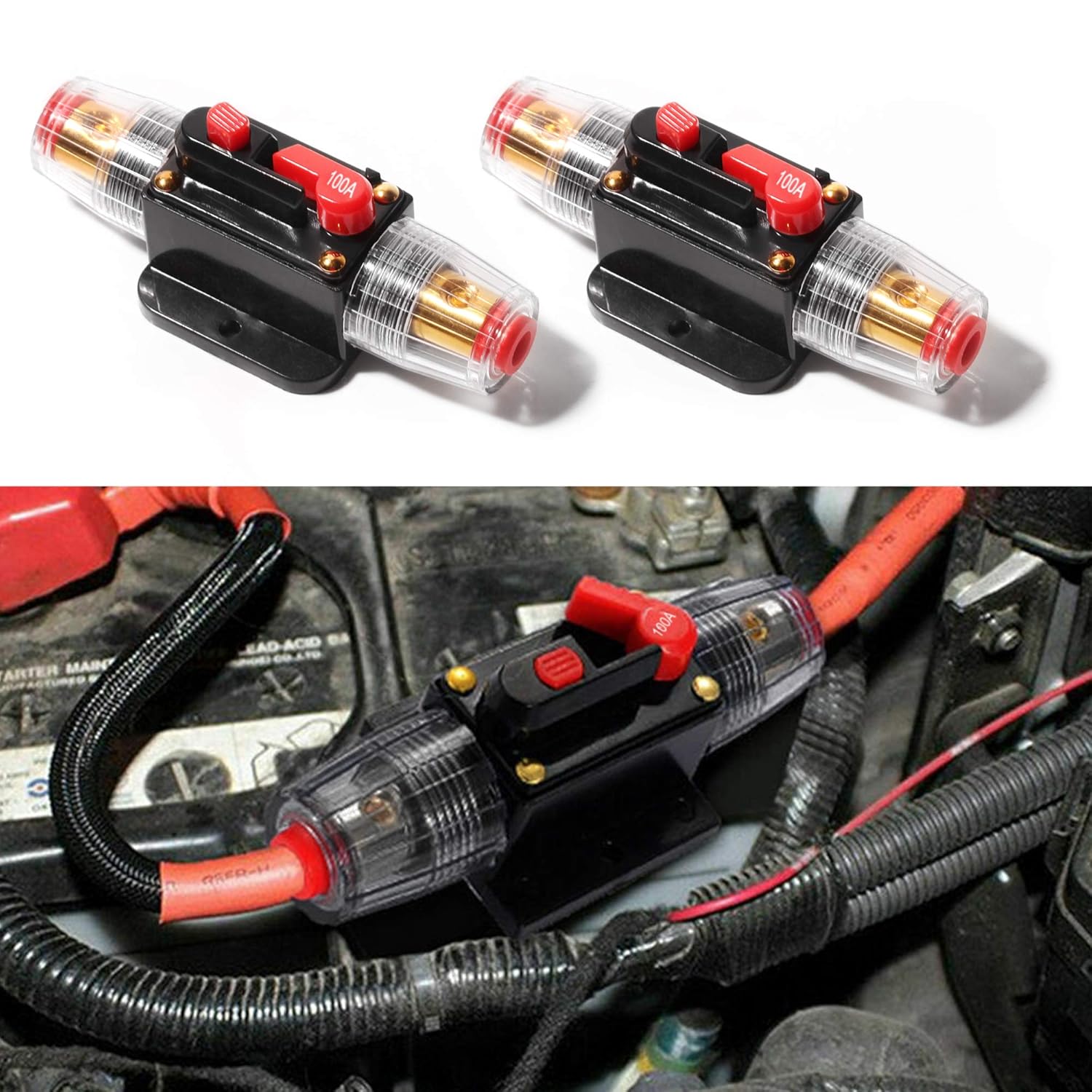 Disyuntor de audio de automóvil en línea de 100 A, 2 unidades, 12-24 V CC con reinicio manual, para audio de automóvil, interruptor estéreo de