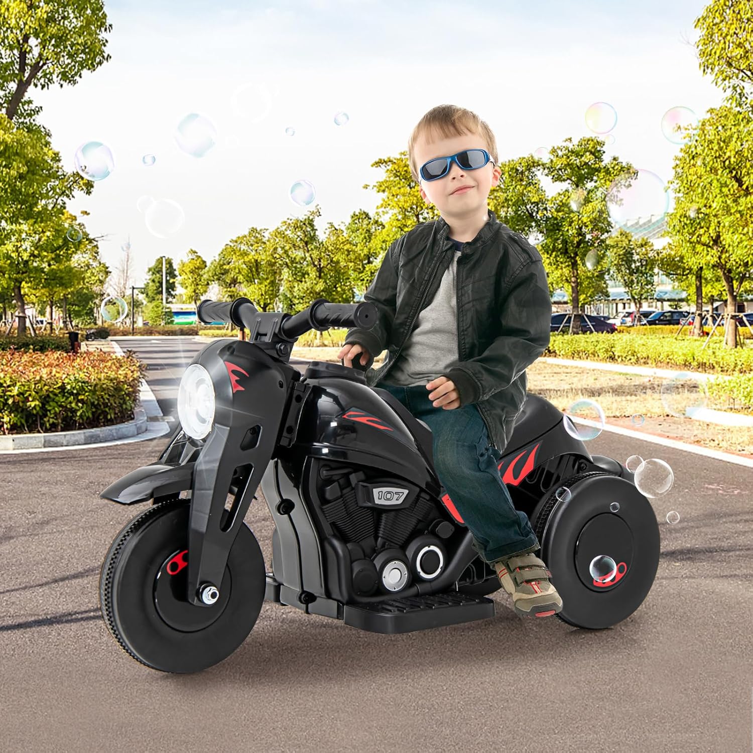 OLAKIDS Motocicleta para niños, automóvil eléctrico de 6 V con función automática de burbujas, pedal de pie, faro, música, 3 ruedas antideslizantes