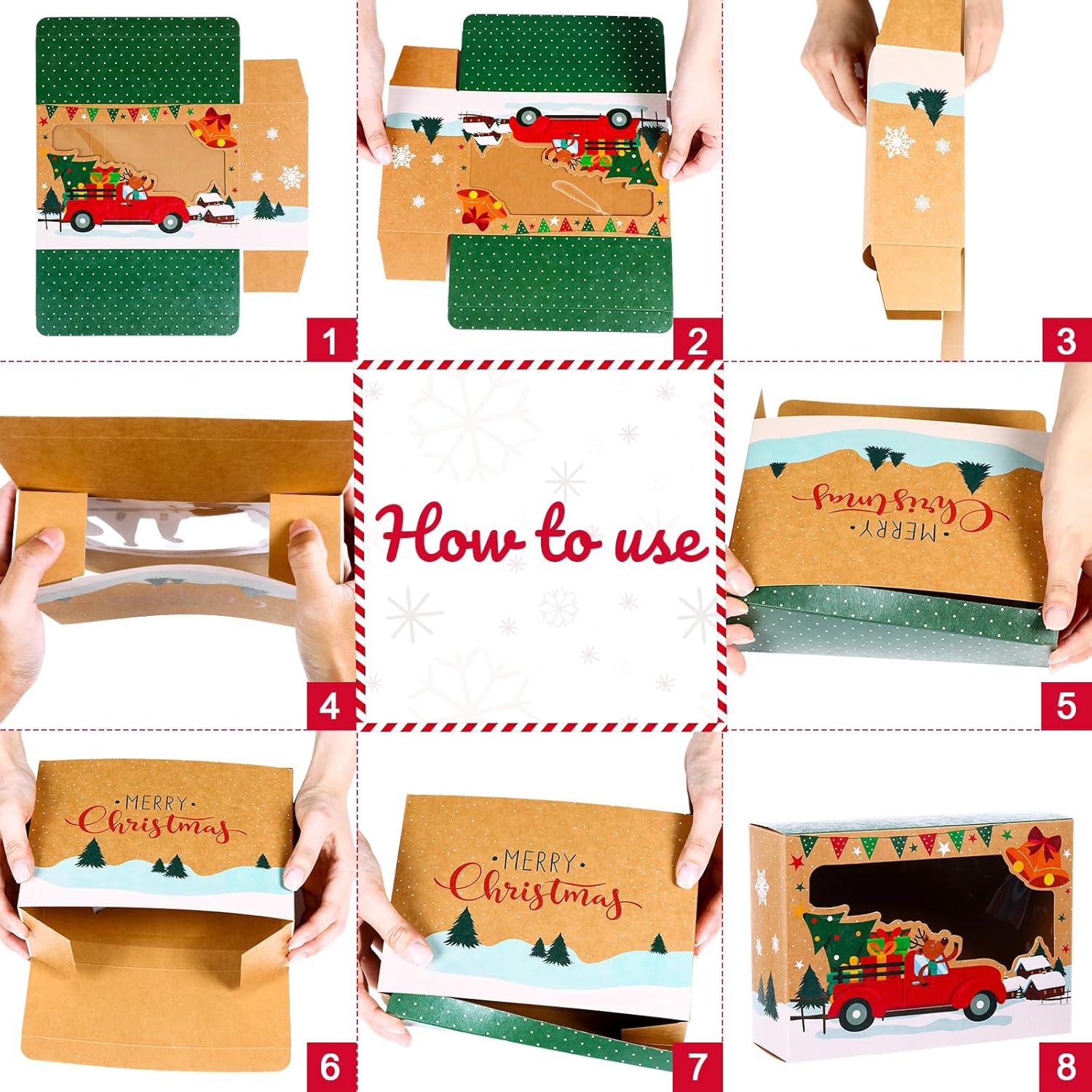 Outus 100 cajas de galletas de Navidad con ventana transparente, 4 estilos de contenedores de galletas de Navidad y 6 rollos de cordeles, cajas de