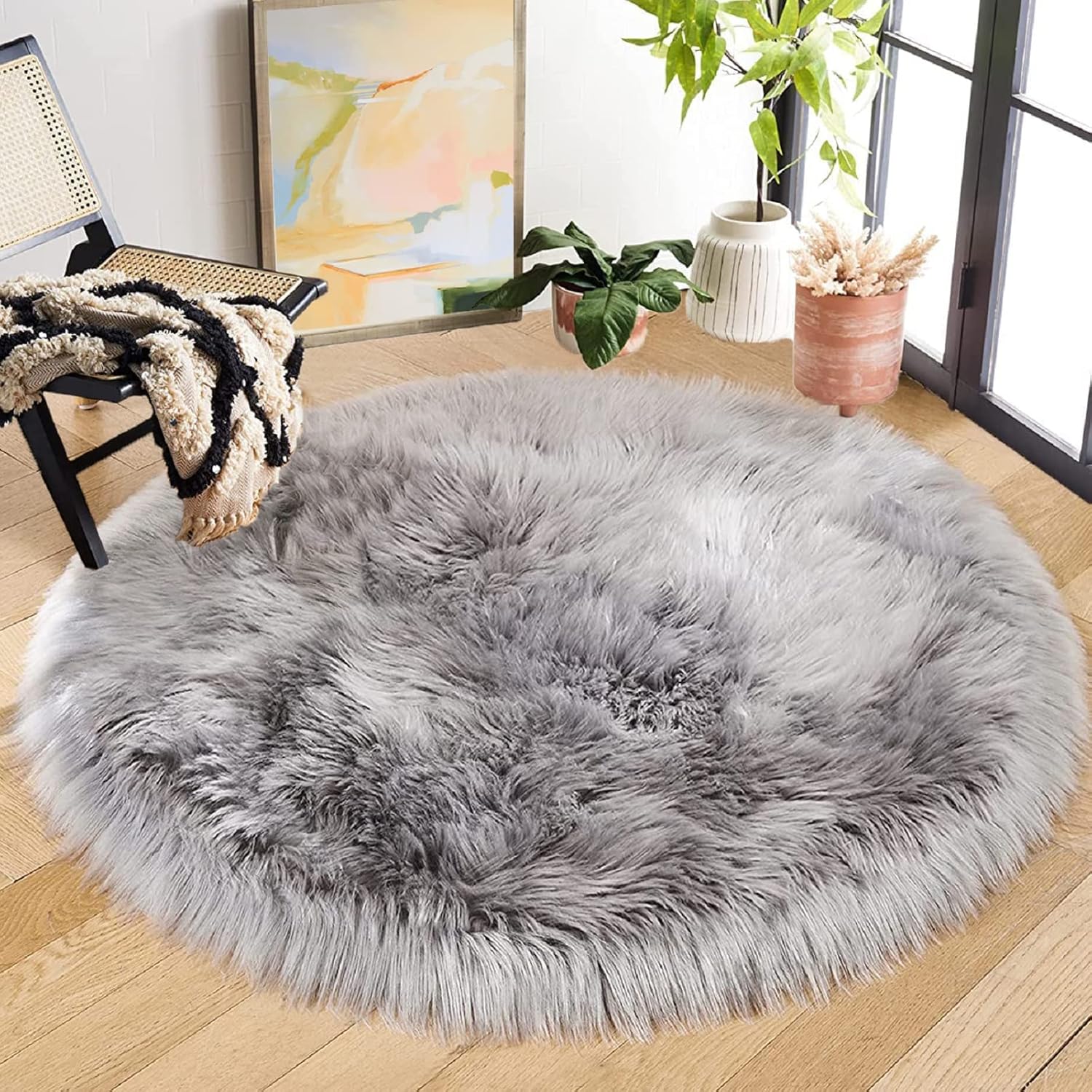 ORINOVA Round Rugs – Alfombra redonda de piel sintética de oveja sintética, lavable, de 6 pies, color gris plateado, para dormitorio, alfombra