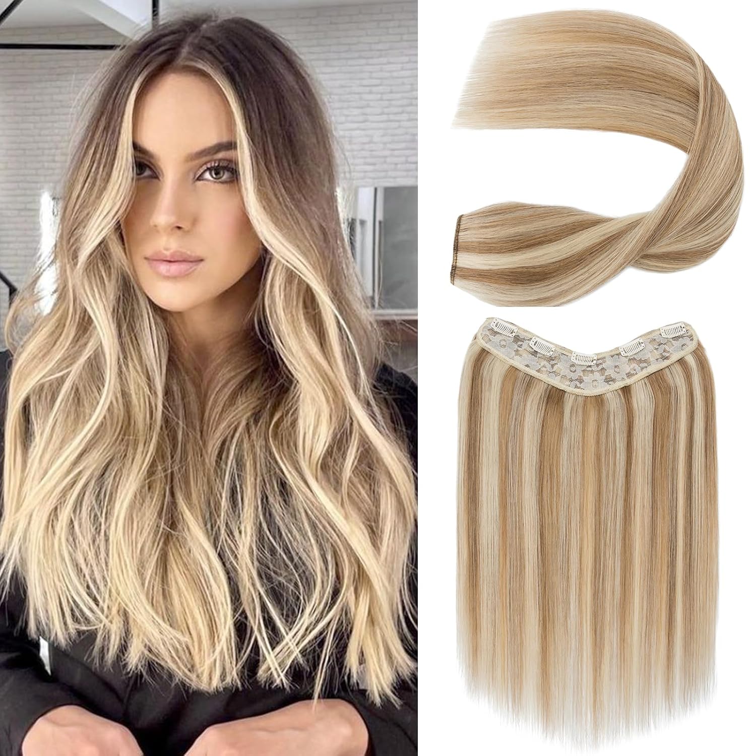 S-noilite Balayager – Extensiones de cabello humano con clip, de una pieza, 5 clips, 34 de cabeza completa, parte en V, trama de cabello más grueso,