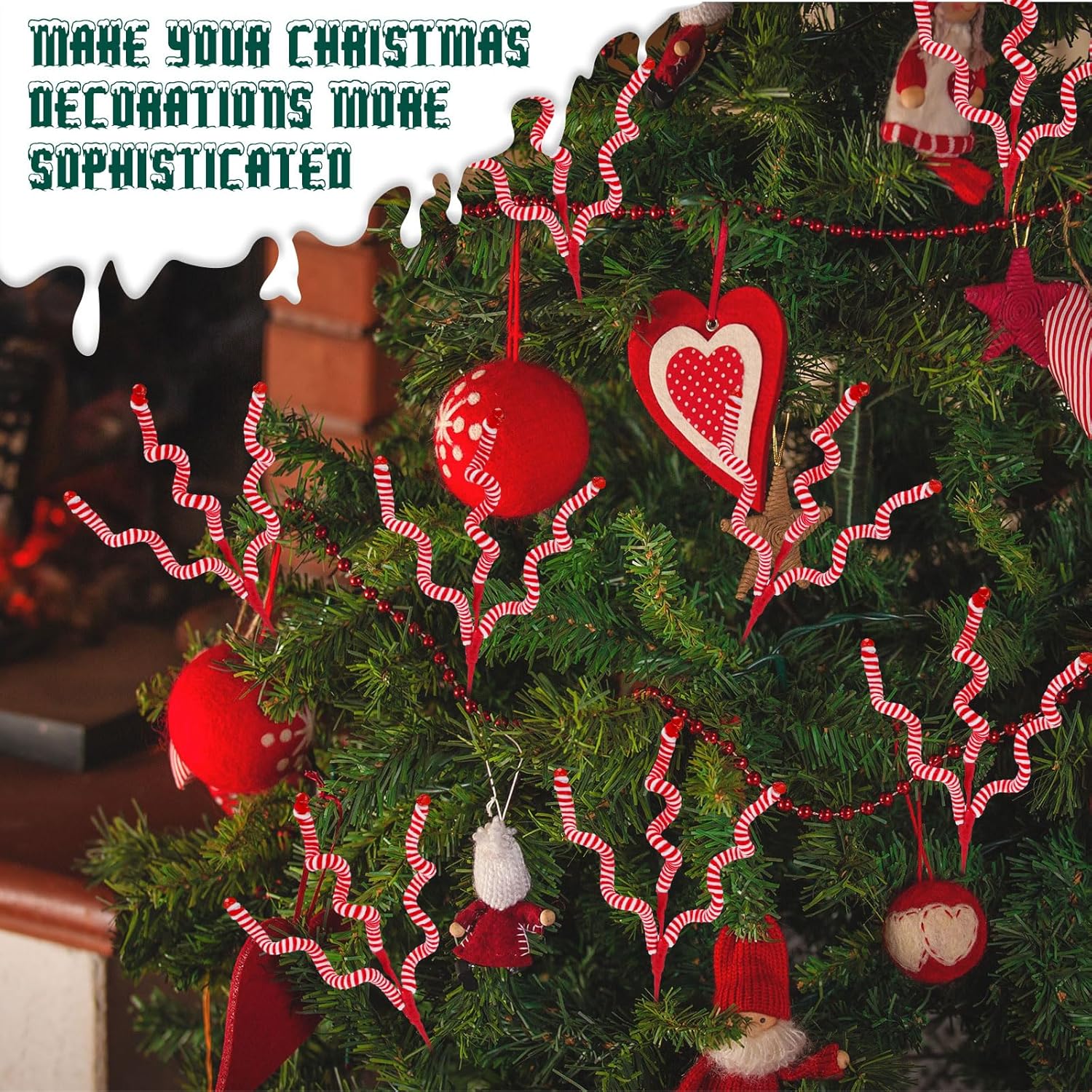 20 piezas de selecciones para árbol de Navidad, campanas de lana, recogida rizada de 14 pulgadas, decoración de árbol de Navidad, dulces, adornos de
