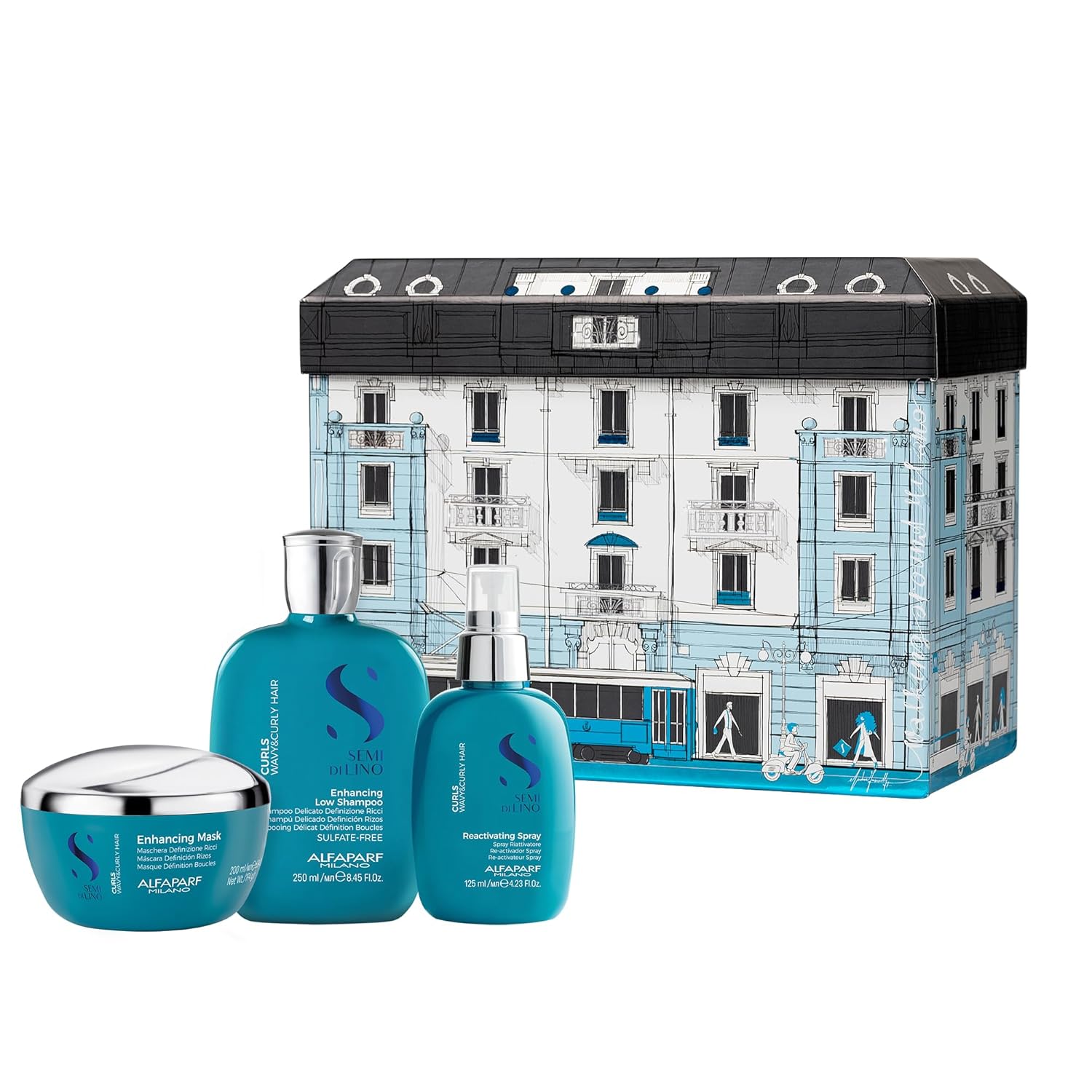 Alfaparf Milano Semi di Lino – Set de regalo para cabello ondulado y rizado, champú, máscara y crema definidora sin sulfato, define e hidrata –
