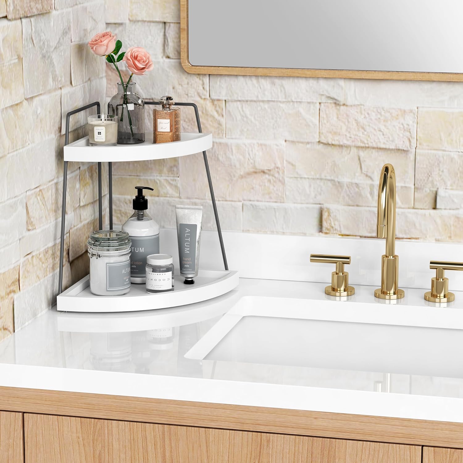 Forbena Organizador esquinero de baño, soporte de esquina de fregadero de 2 niveles para encimera de cocina, estación organizadora de barra de café
