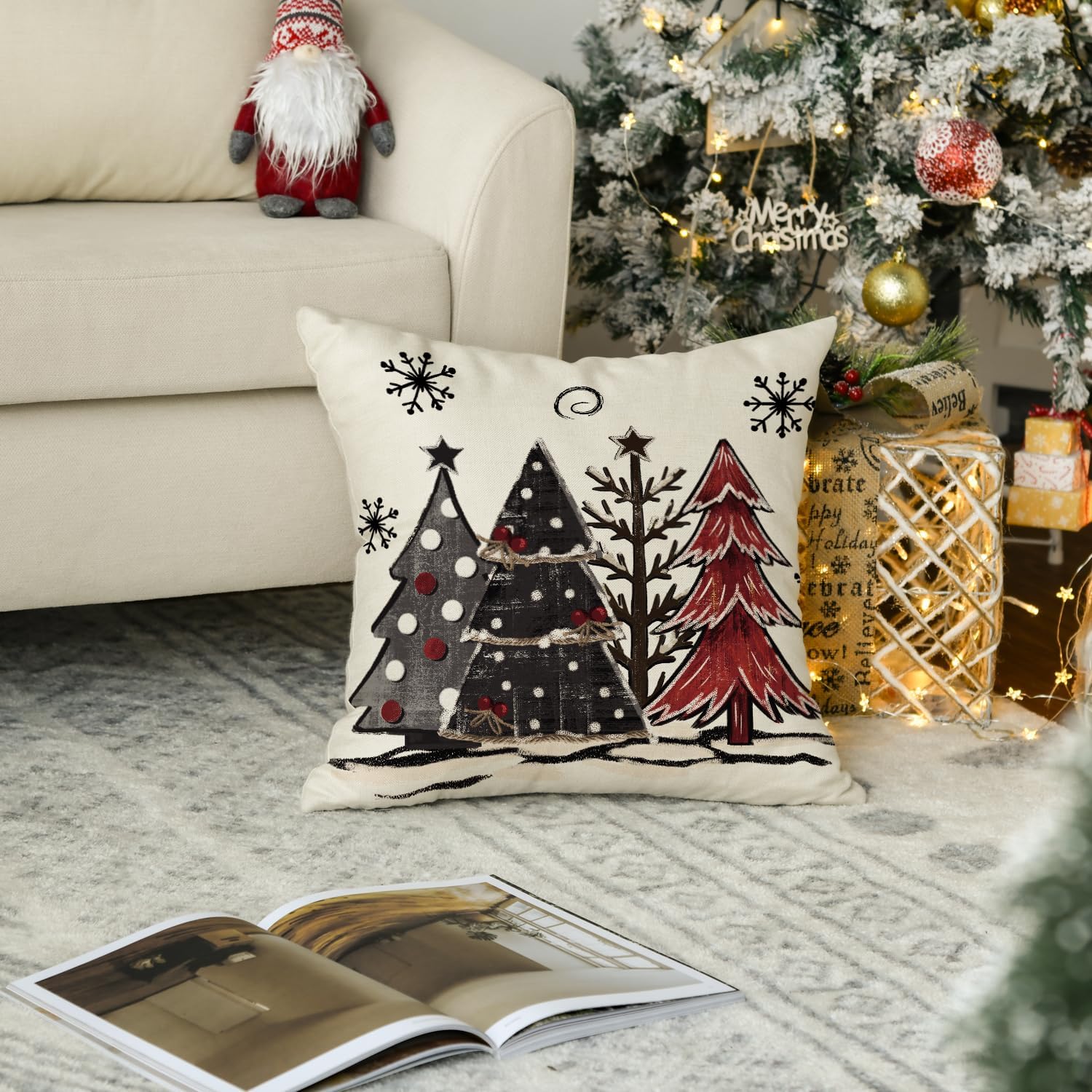 AVOIN colorlife Funda de almohada con diseño de árboles de Navidad a cuadros rojos y negros, 20 x 20 pulgadas, decoración de invierno para sofá