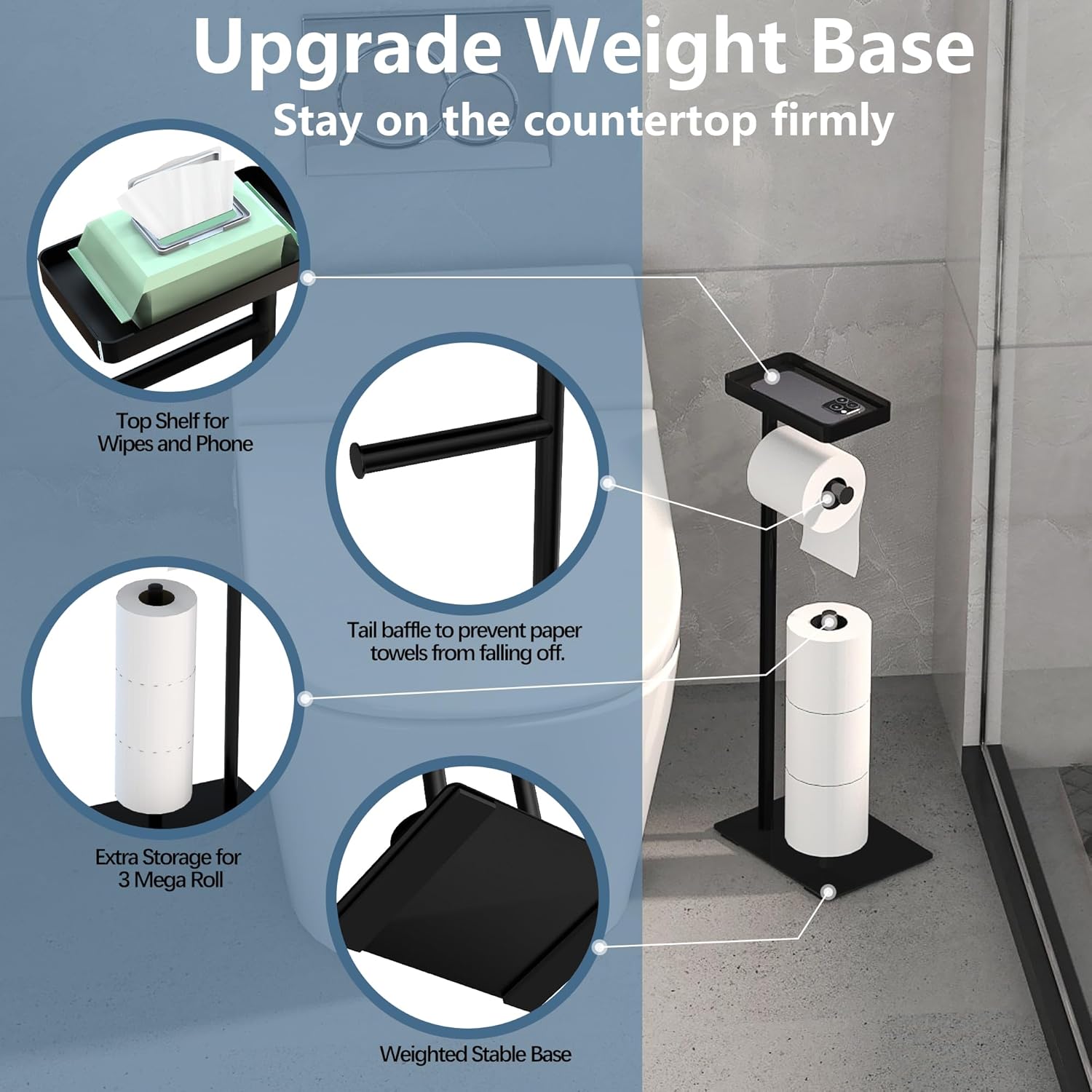 Soporte de papel higiénico de pie, soporte de papel higiénico de pie, soporte de rollo de papel higiénico de baño con almacenamiento con diseño de