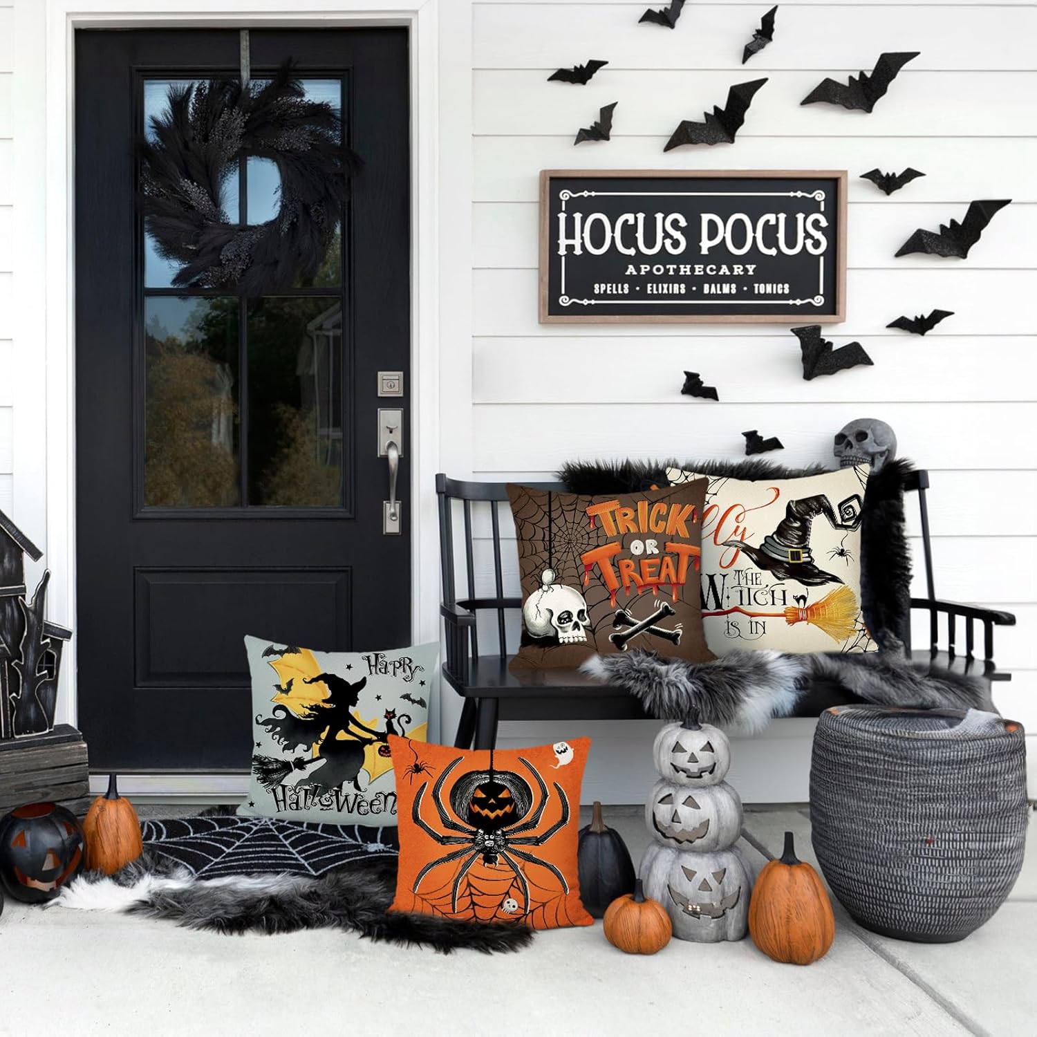 Bonhause Juego de 4 fundas de almohada de Halloween de 18 x 18 pulgadas, diseño de bruja y araña, cráneo, dulce o truco, almohadas decorativas para