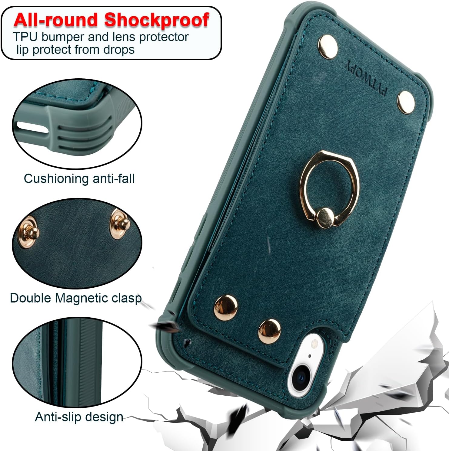 Funda tipo cartera para iPhone XR10R con tarjetero de crédito, funda protectora de cuero a prueba de golpes compatible con anillo de rotación de 360