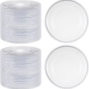 100 platos de carga redondos transparentes de 13 pulgadas, de plástico, platos de servicio decorativos con borde de cuentas para bodas, fiestas de 100 platos de carga redondos transparentes de 13 pulgadas, de plástico, platos de servicio decorativos con borde de cuentas para bodas, fiestas de