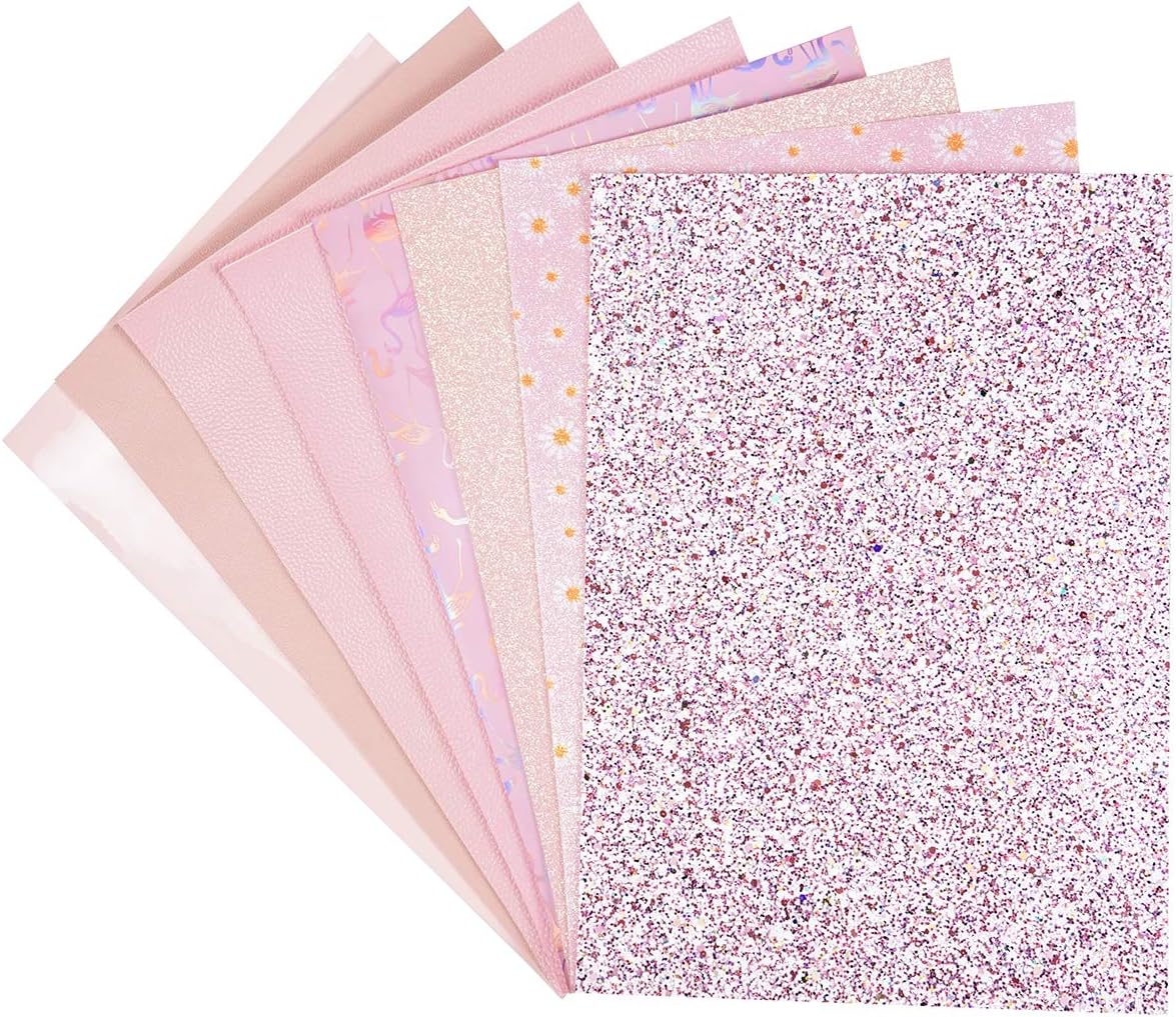 8 hojas de cuero sintético de 8 x 12 pulgadas, color rosa claro, margaritas finas y gruesas, patente metálica, Litchi, tela de cuero holográfica de