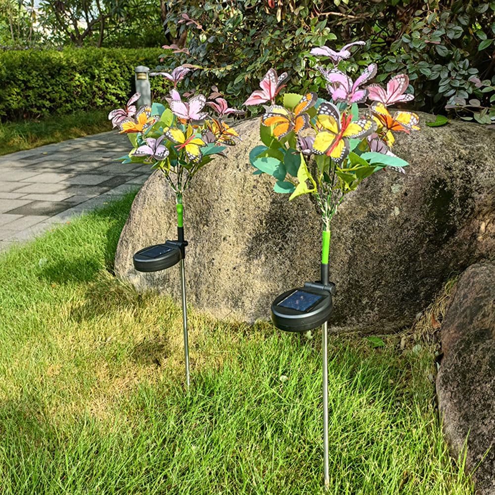 2 luces solares de mariposa para exteriores, luz de flores artificiales, decoración del hogar, lámpara de árbol de mariposa IP65, impermeable, luces