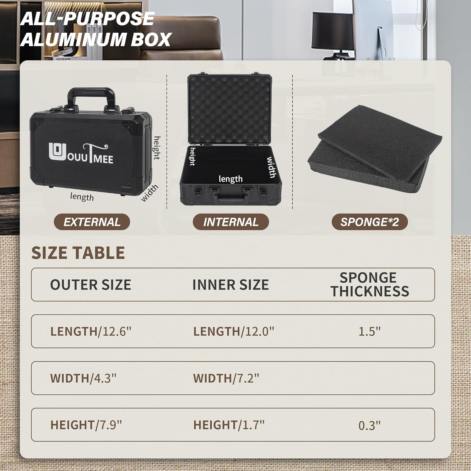 Estuche de transporte de 12 pulgadas con espuma personalizable en cubitos, construcción robusta de aleación de aluminio, ideal para micrófono,