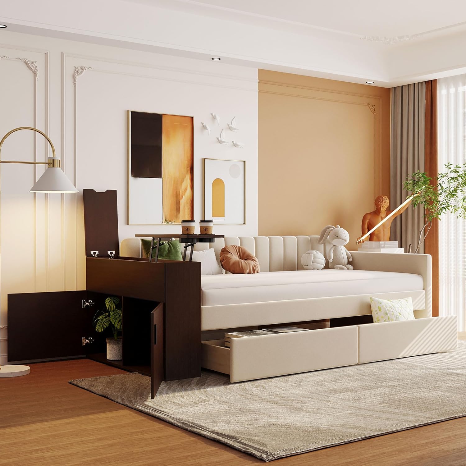 Sofá cama tapizado con reposabrazos de almacenamiento y 2 cajones, sofá cama multifuncional de terciopelo con portavasos y un juego de puertos USB y