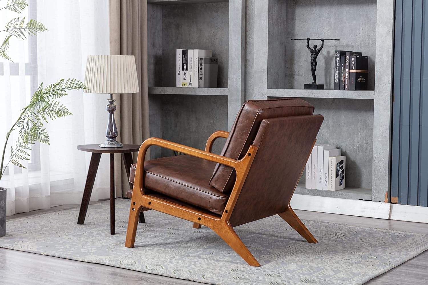 JOYBASE Sillón con brazos, silla decorativa moderna de mediados de siglo, sillón con marco de madera para sala de estar, dormitorio (marrón, cuero
