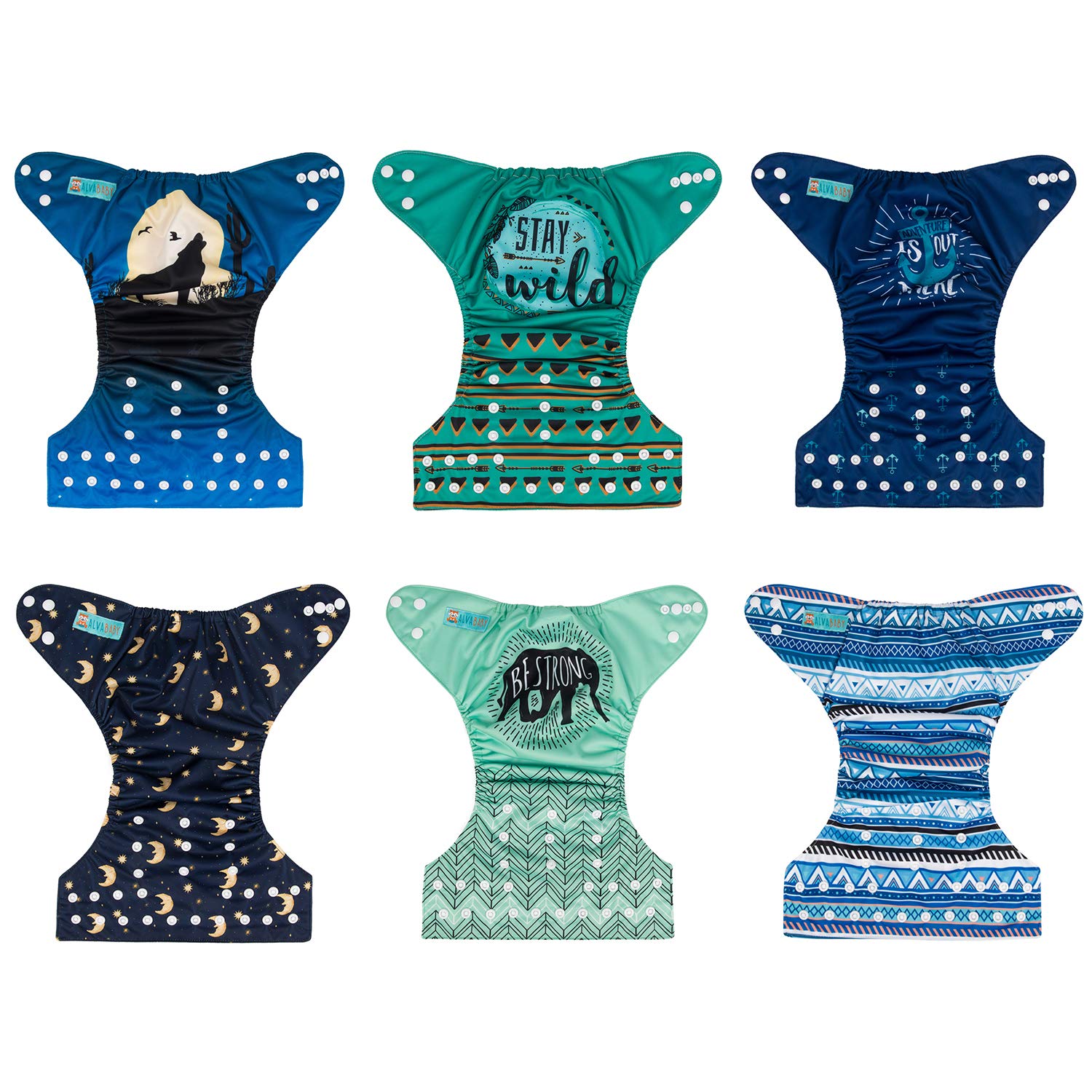 ALVA Baby – Pañales de tela, talla única, ajustable, lavable, reutilizable, para niñas y niños, paquete de 6 con 12 insertos (aventuras salvajes)