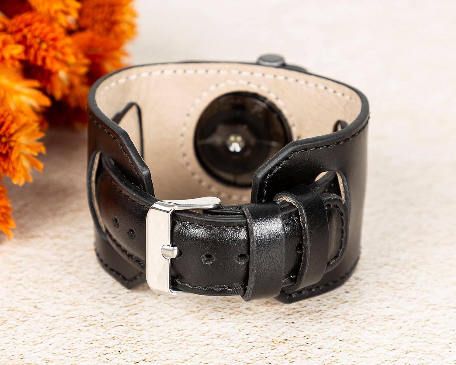 OXA Leather Cuff Watch Band Compatible with Apple Watch  Series 9 8 7 6 5 4 3 2 1 SE Ultra 1&2  Polished Stainless-Steel Buckle and Adapters  Men