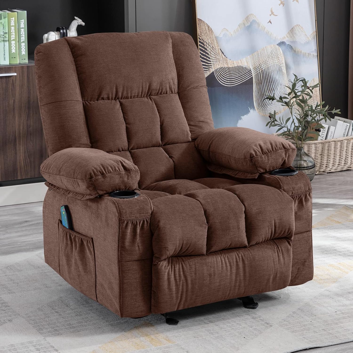 Silla reclinable de masaje con masaje por vibración y calor, ergonómica para sala de estar con función de balanceo y bolsillo lateral, 2 portavasos,