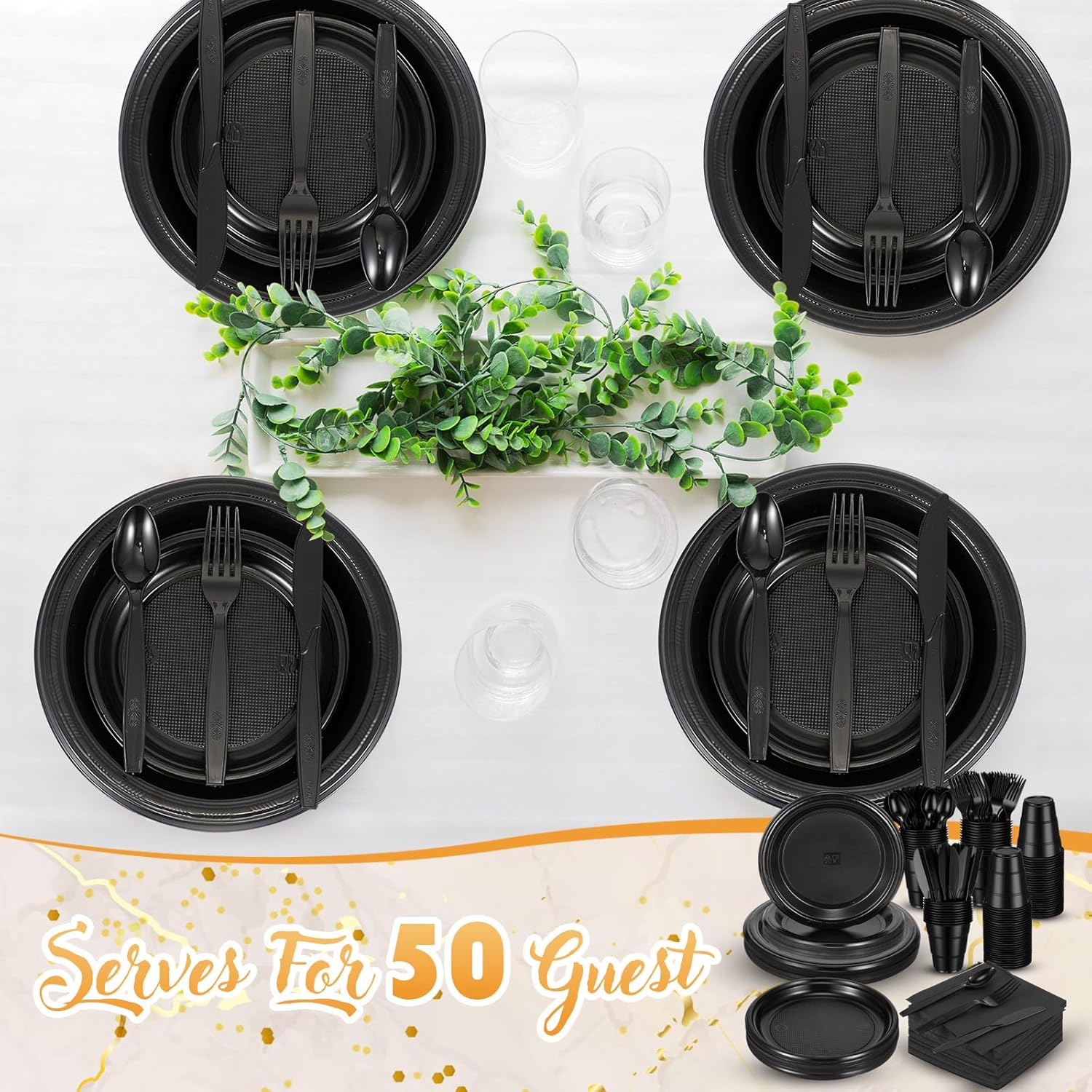 Yaomiao El juego de vajilla de plástico desechable de 360 piezas incluye 50 platos llanos, 50 platos de ensalada, 50 tazas, 50 tenedores, 50