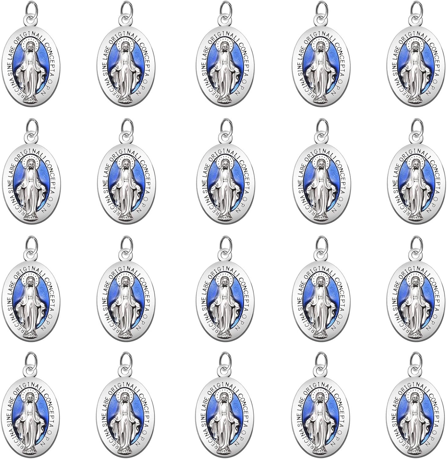 50 piezas de aleación de esmalte azul milagroso medalla ovalada Nuestra Señora Colgantes Virgen María para mujeres y hombres DIY católico collar