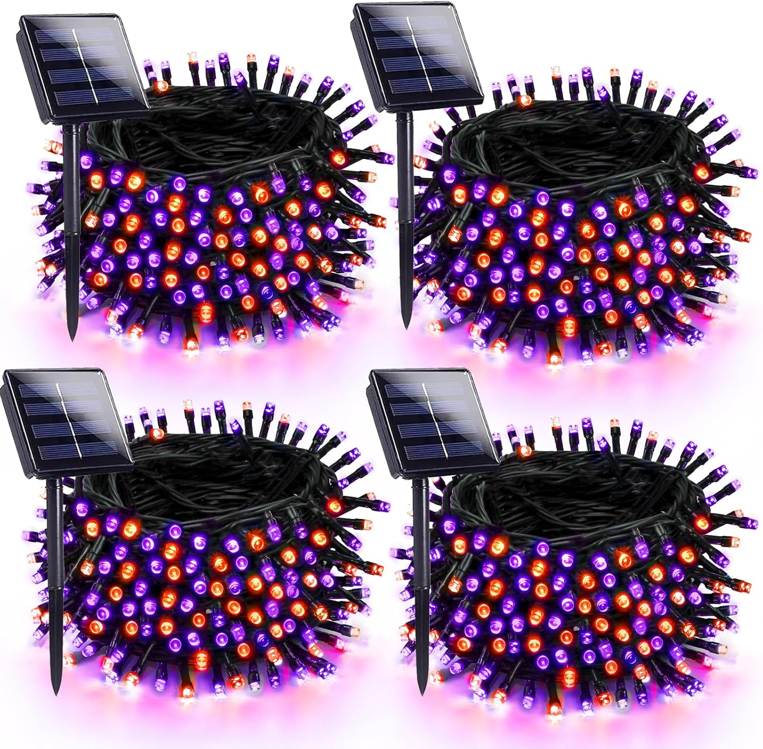Luces solares de Halloween naranjas y moradas impermeables para exteriores, cadena de luces solares de alambre negro, 8 modos, luces solares