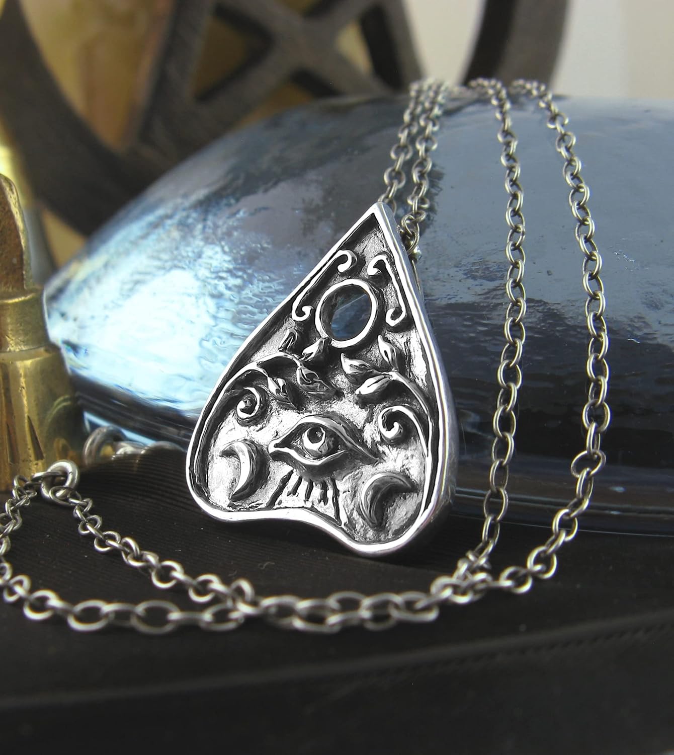Ouija Planchette Pendant Crescent Moons Floral Vines Evil Eye Spirit Trance Talking Board 100% Handmade Fine Silver