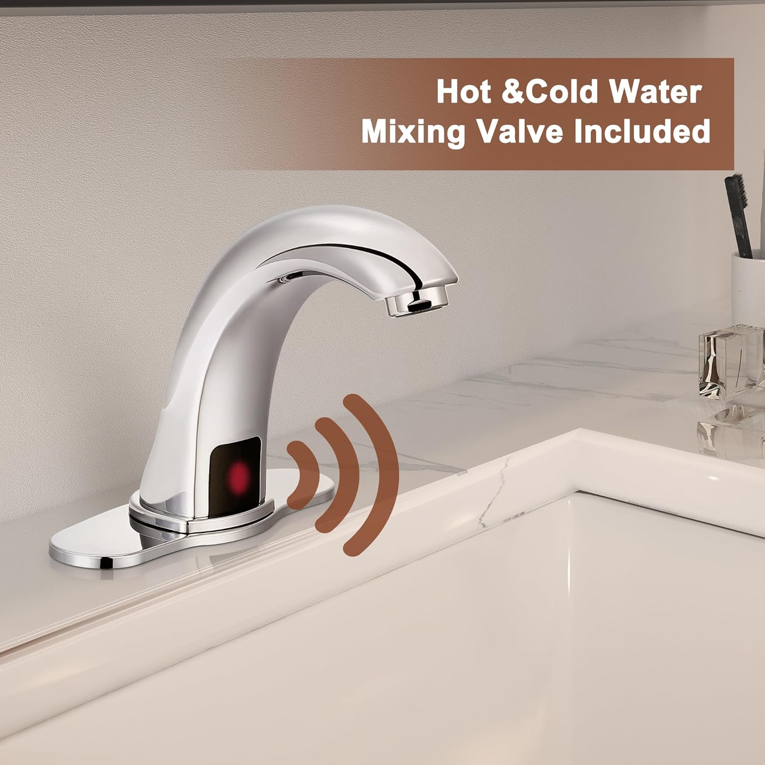 Grifo de fregadero de baño sin contacto de níquel cepillado con válvula de mezcla de control de temperatura, sensor de movimiento automático