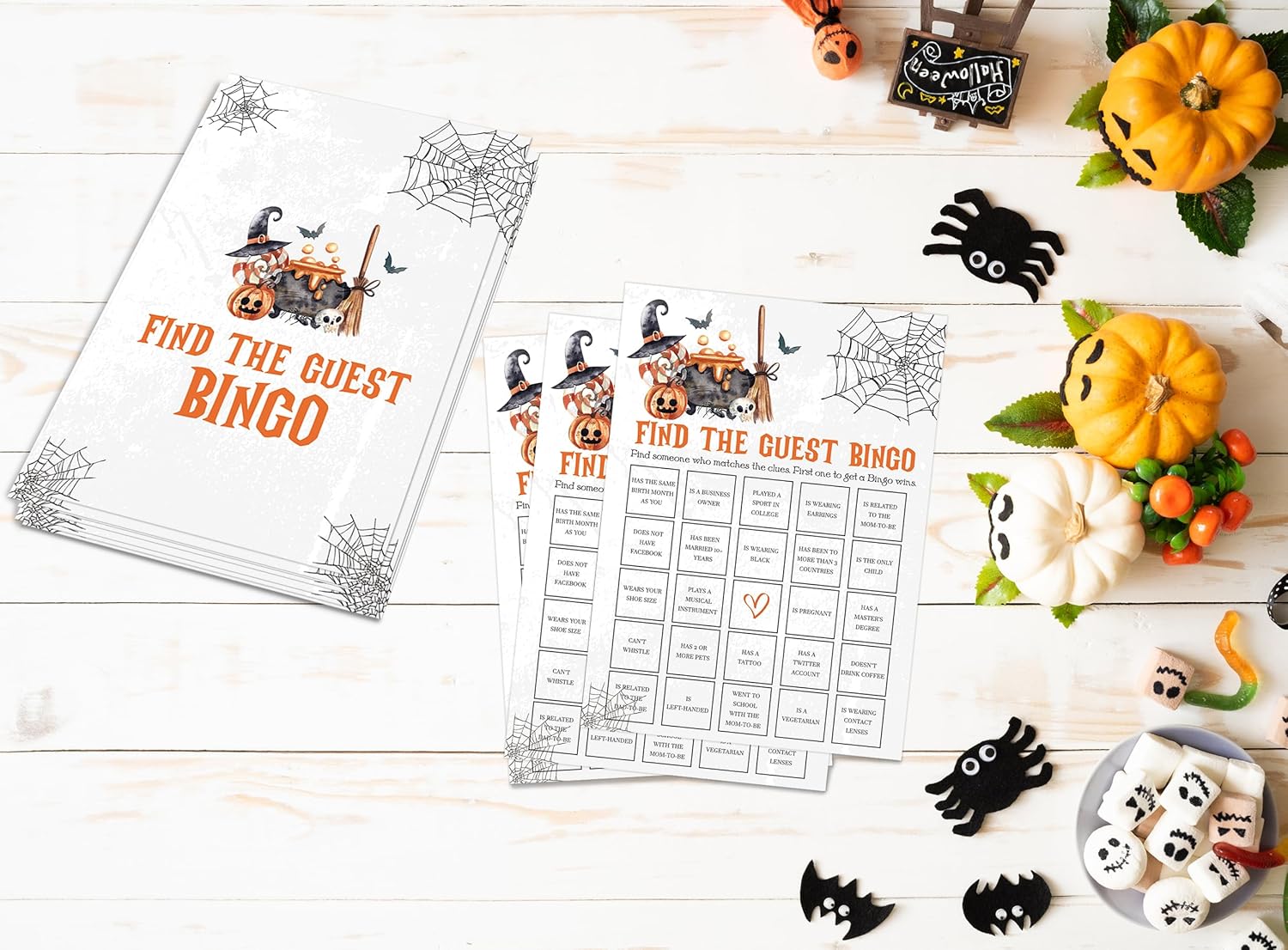 Tuyashua Halloween Find The Guest Bingo Game, juego de Halloween para baby shower, decoraciones de baby shower, suministros de fiesta de revelación