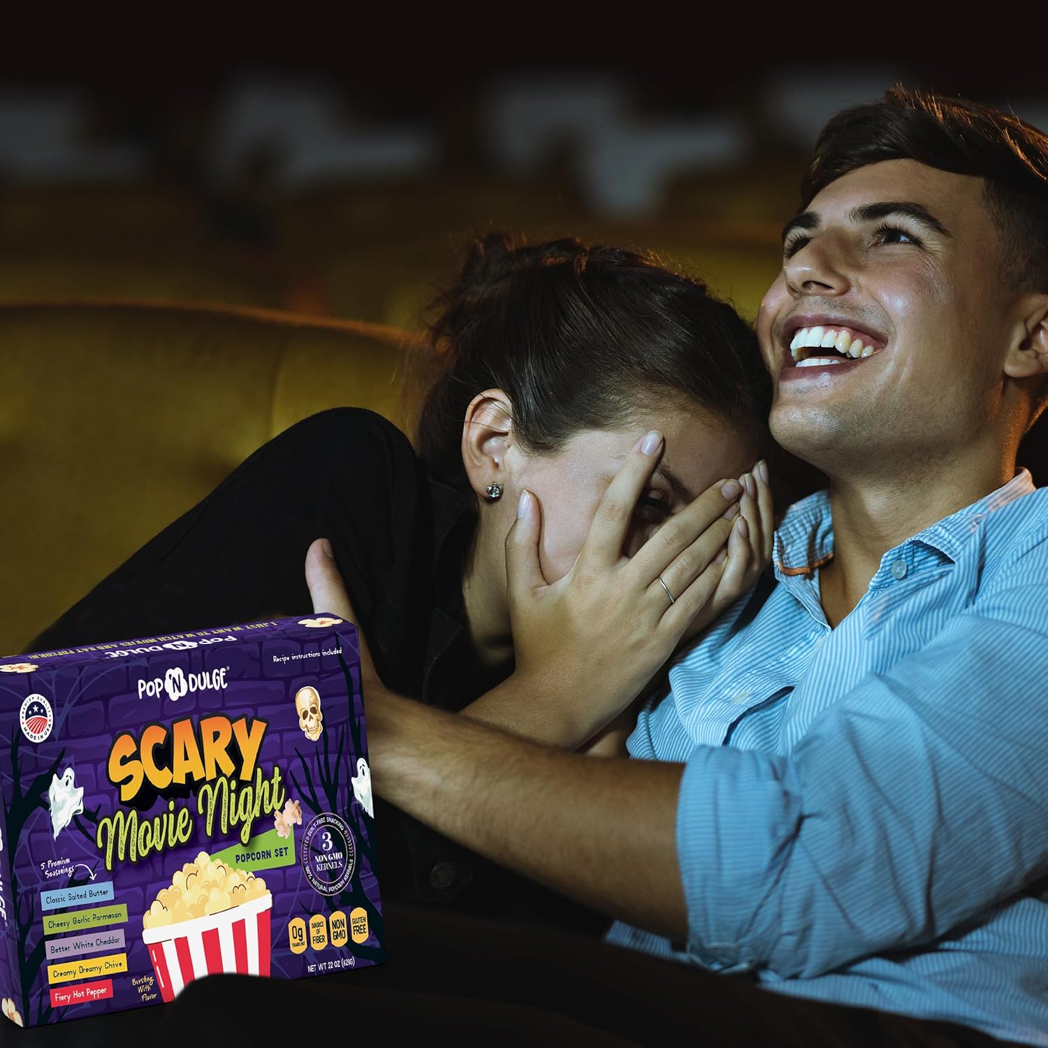 Regalos de Halloween, cesta de regalo de noche de película aterradora, granos de palomitas gourmet y condimentos de palomitas de maíz, paquete