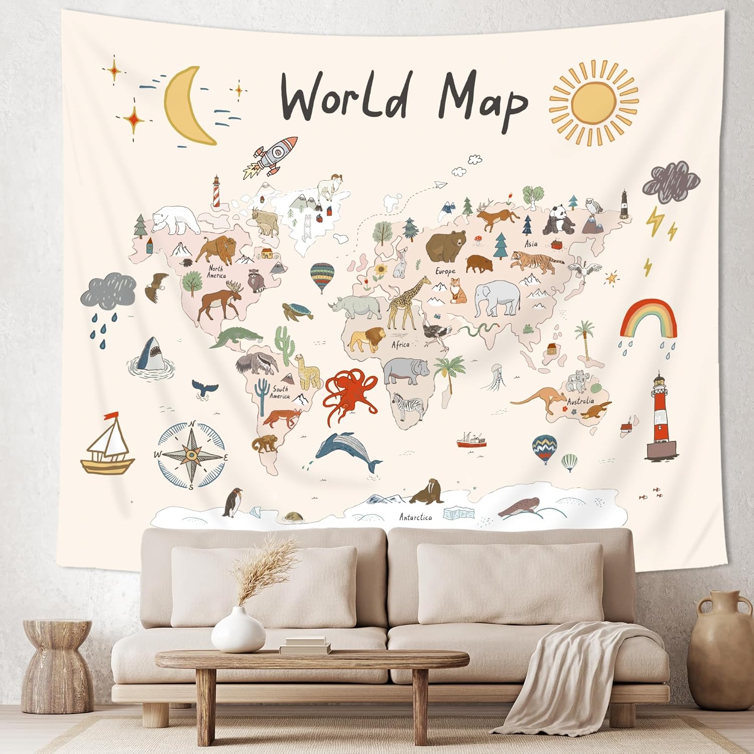 Imirell Tapiz de mapa del mundo para niños, 59 pulgadas de ancho x 51 pulgadas de alto, lindo animal de dibujos animados, herramienta de aprendizaje