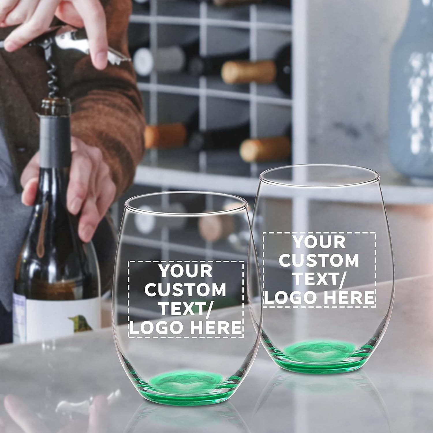 DISCOUNT PROMOS Juego de 10 copas de vino ARC sin tallo, 21 onzas, texto personalizable, logotipo, Chardonnay, Cabernet, Merlot, Sauvignon, verde