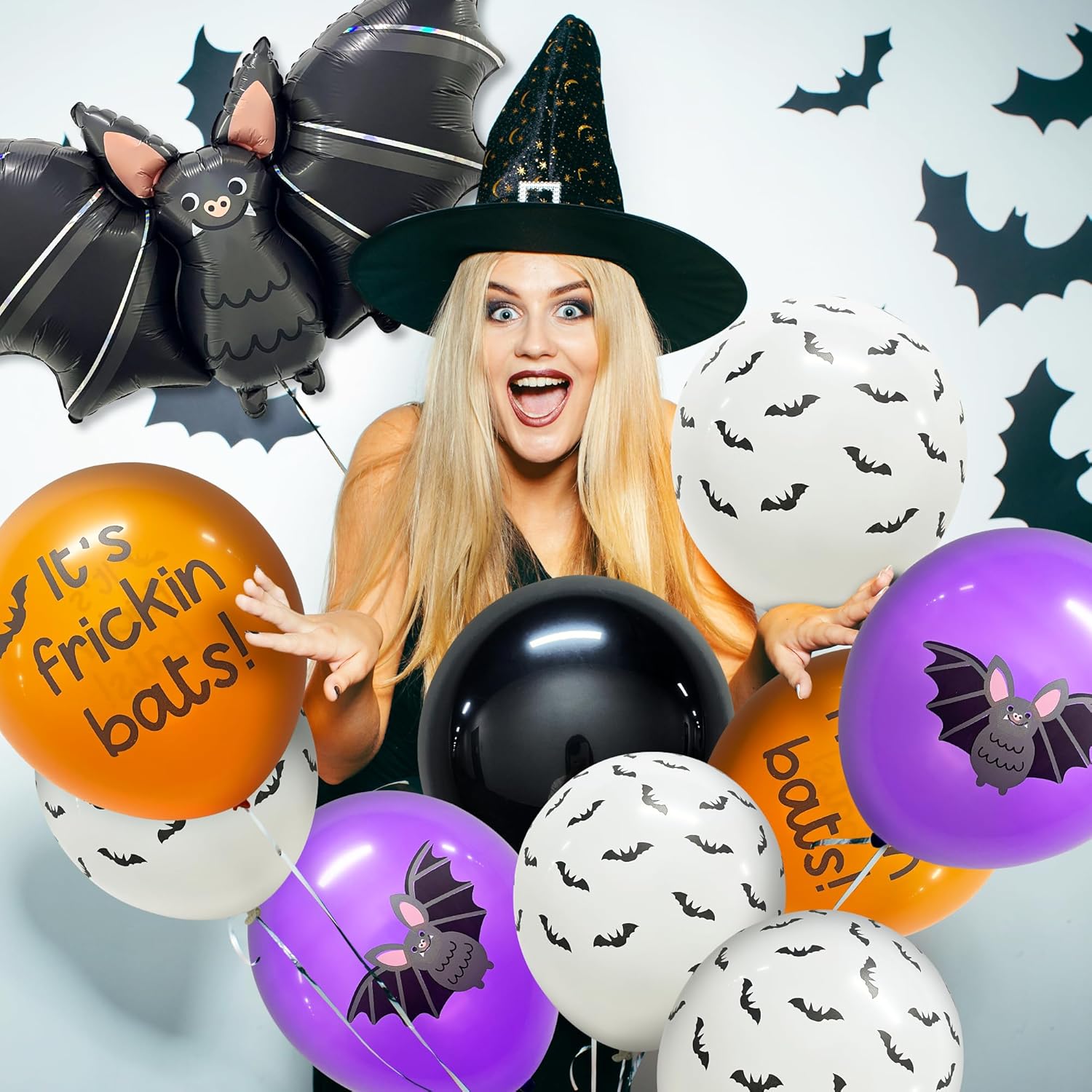 HOUSE OF PARTY Globo de aluminio de murciélago de 40 pulgadas de Halloween con 50 globos de látex de murciélago negro, naranja, morado, blanco para