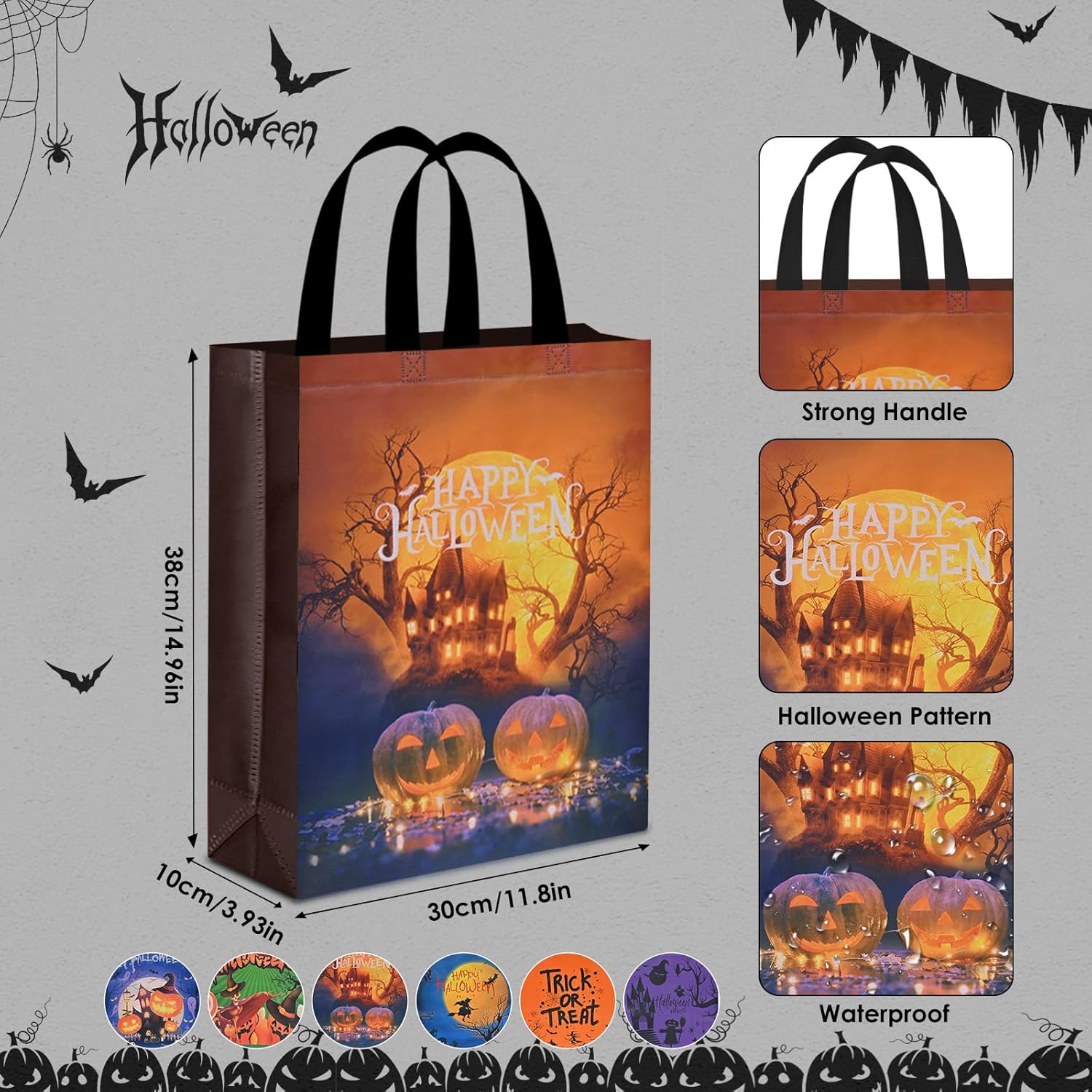 AhfuLife 12 bolsas de Halloween para dulce o truco, bolsas grandes de dulces de Halloween con asas para niños, bolsas de regalo reutilizables de