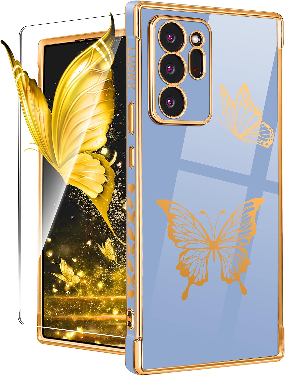 Coralogo Funda para Samsung Galaxy Note 20 Ultra con diseño de mariposas para mujeres y niñas, bonito diseño de mariposas chapado en oro azul con