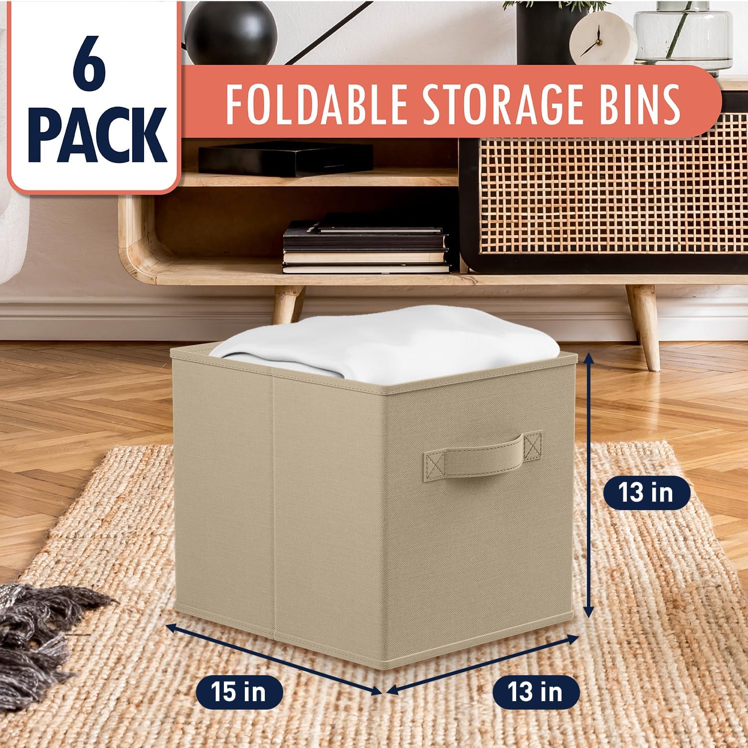Ornavo Home Kallax – Caja de almacenamiento plegable plegable con asas dobles, juego de 6 unidades, 13 x 15 x 13 pulgadas, color beige