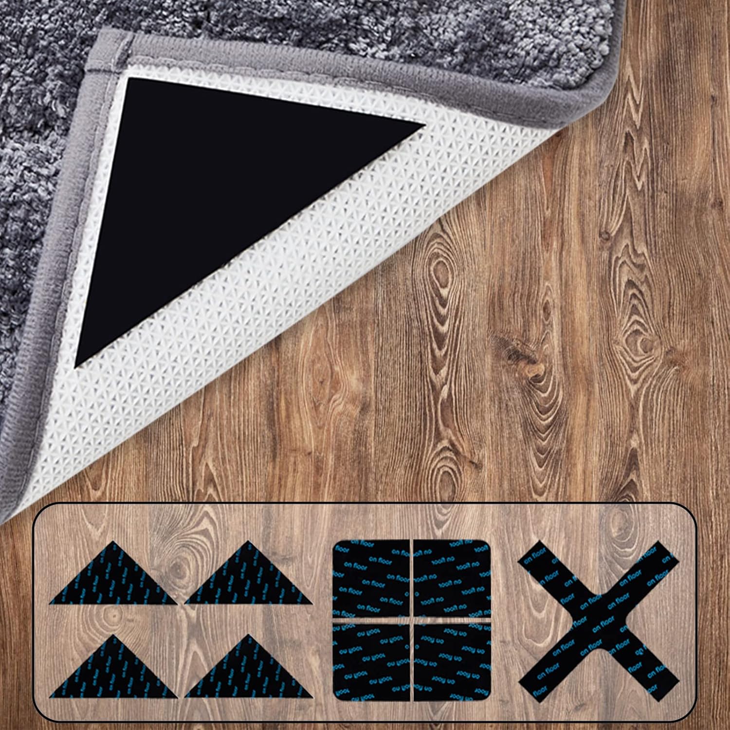 Gealis Almohadillas para alfombras, 9 almohadillas antideslizantes y reutilizables para suelos de madera y duros, tapones de alfombra lavables o