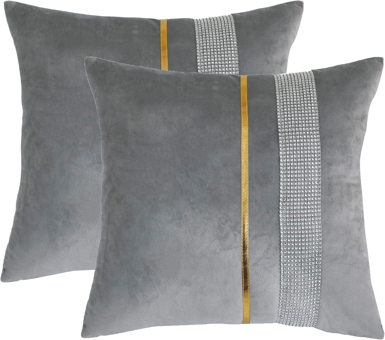 Tosleo Fundas de almohada de terciopelo gris de 20 x 20 pulgadas, paquete de 2 con diamantes brillantes a rayas doradas de cuero dorado, fundas de