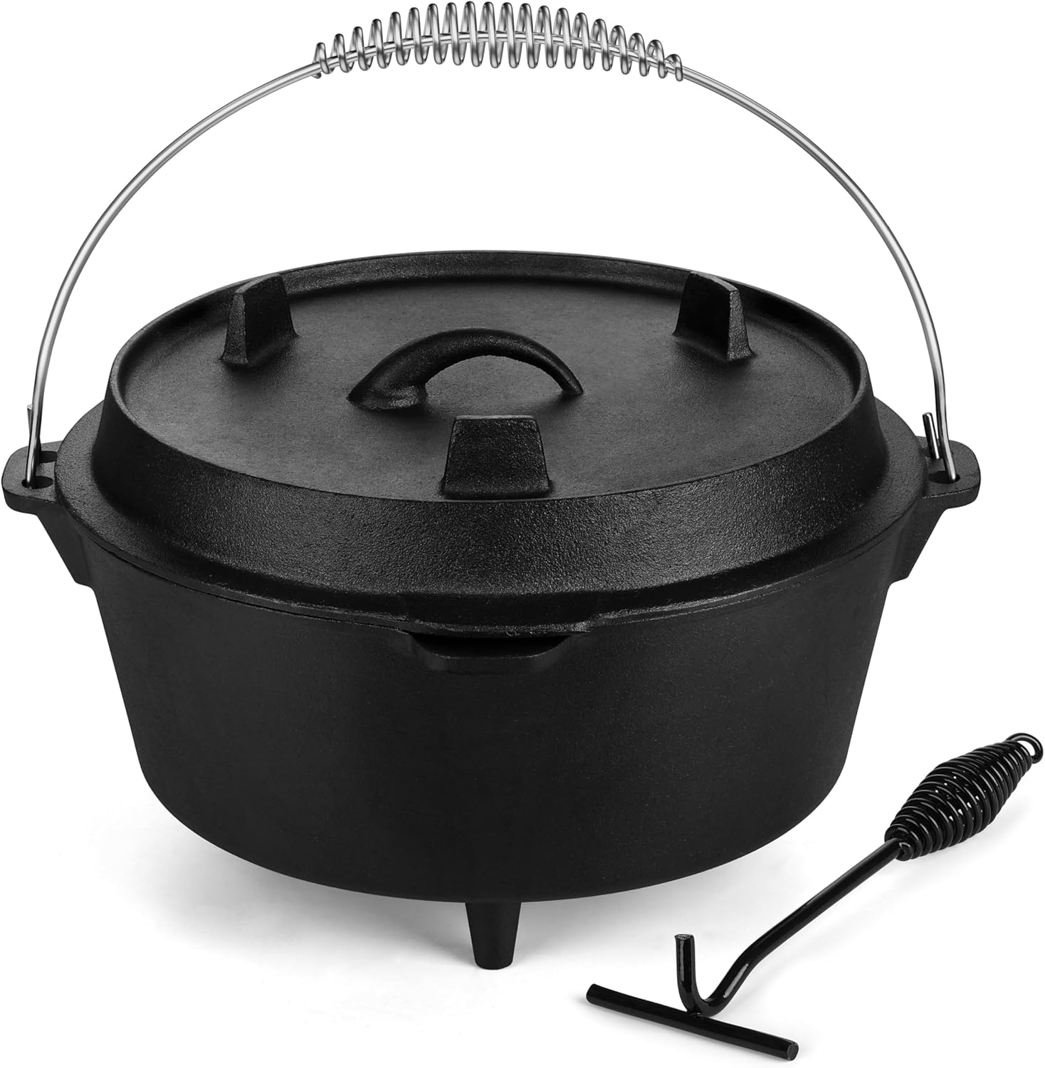 Leonyo Horno holandés de hierro fundido con elevador de tapa, olla de horno holandés de 7 cuartos con tapa, juego de ollas y sartenes de campamento