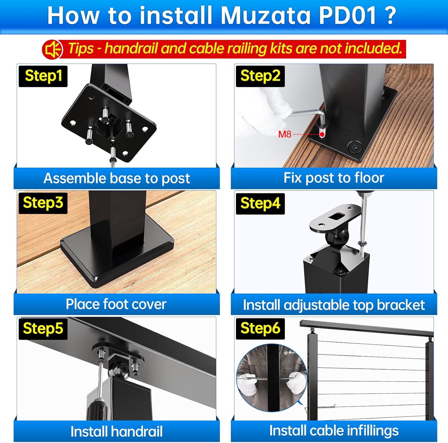 Muzata Poste de aluminio perforado de nivel de 36 x 2 x 2 pulgadas, barandilla de cable superior ajustable, montaje superior, ensamblado, acabado