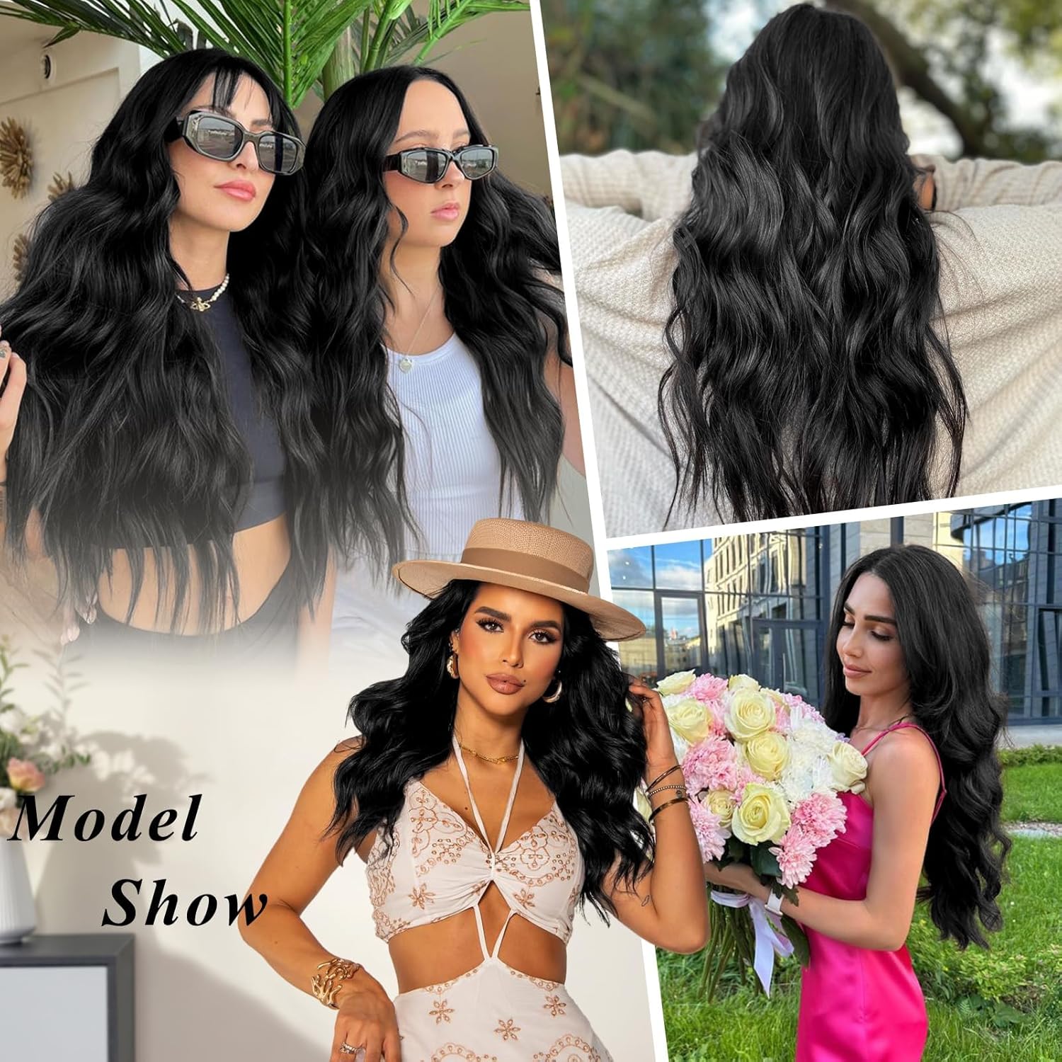 ALXNAN Extensiones de cabello con clip, extensiones de cabello largo ondulado de 20 pulgadas, color negro, 4 piezas gruesas para mujer