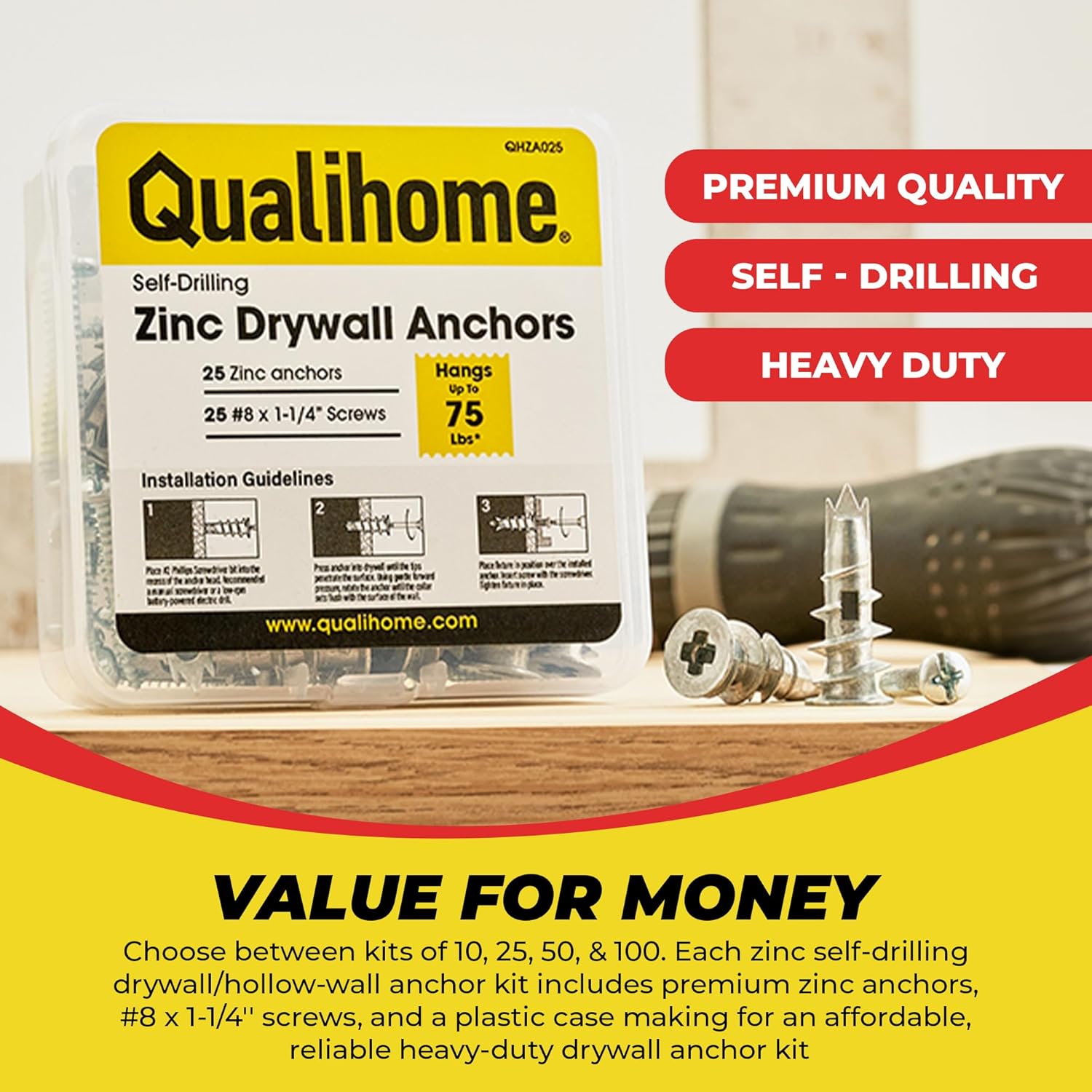 Qualihome Kit de anclaje de pared hueca de zinc autoperforante con tornillos, anclajes de metal autoperforantes para paneles de yeso con aletas de