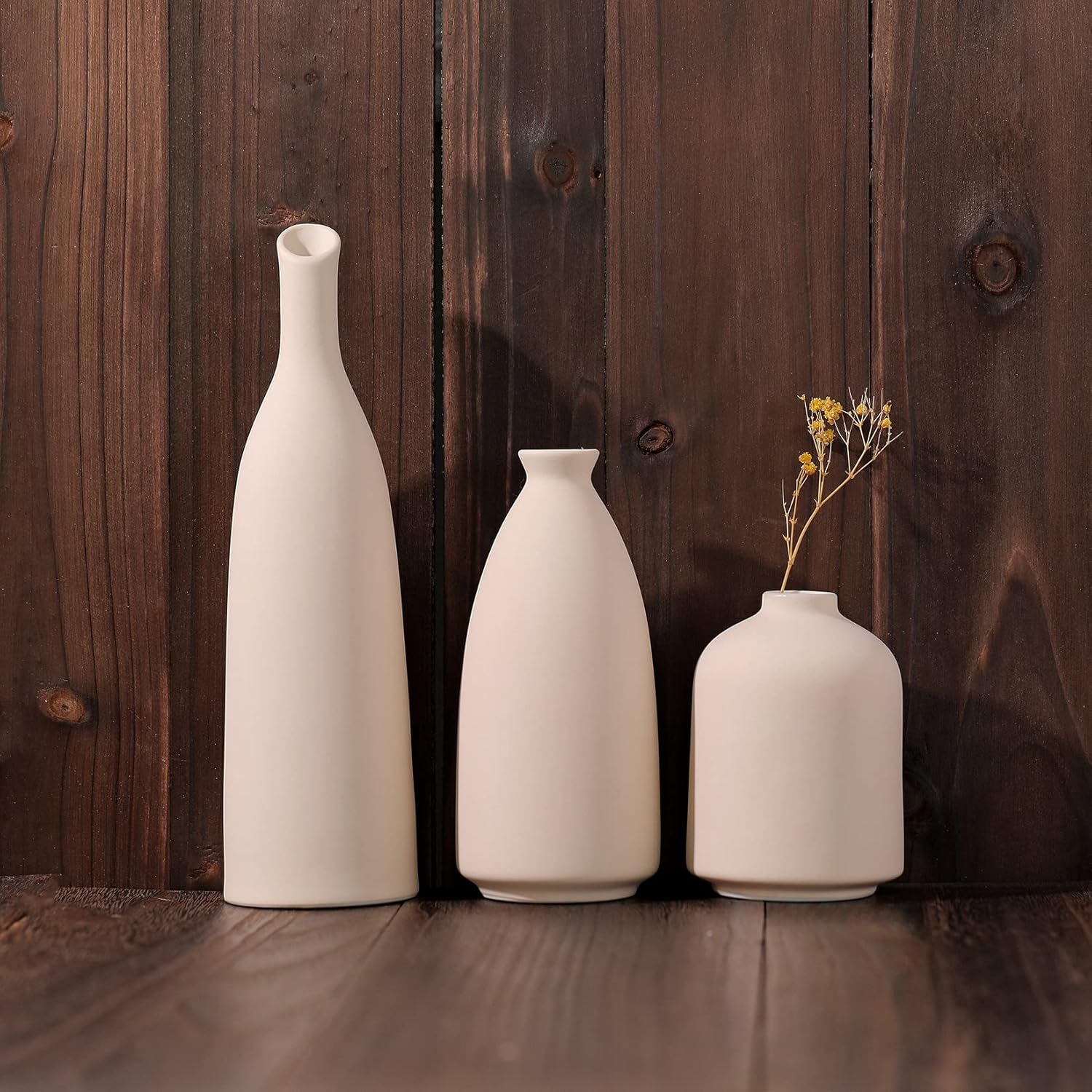 Jarrón de cerámica beige para decoración del hogar, 3 jarrones pequeños para decoración de mesa, florero de decoración de sala de estar, jarrones de