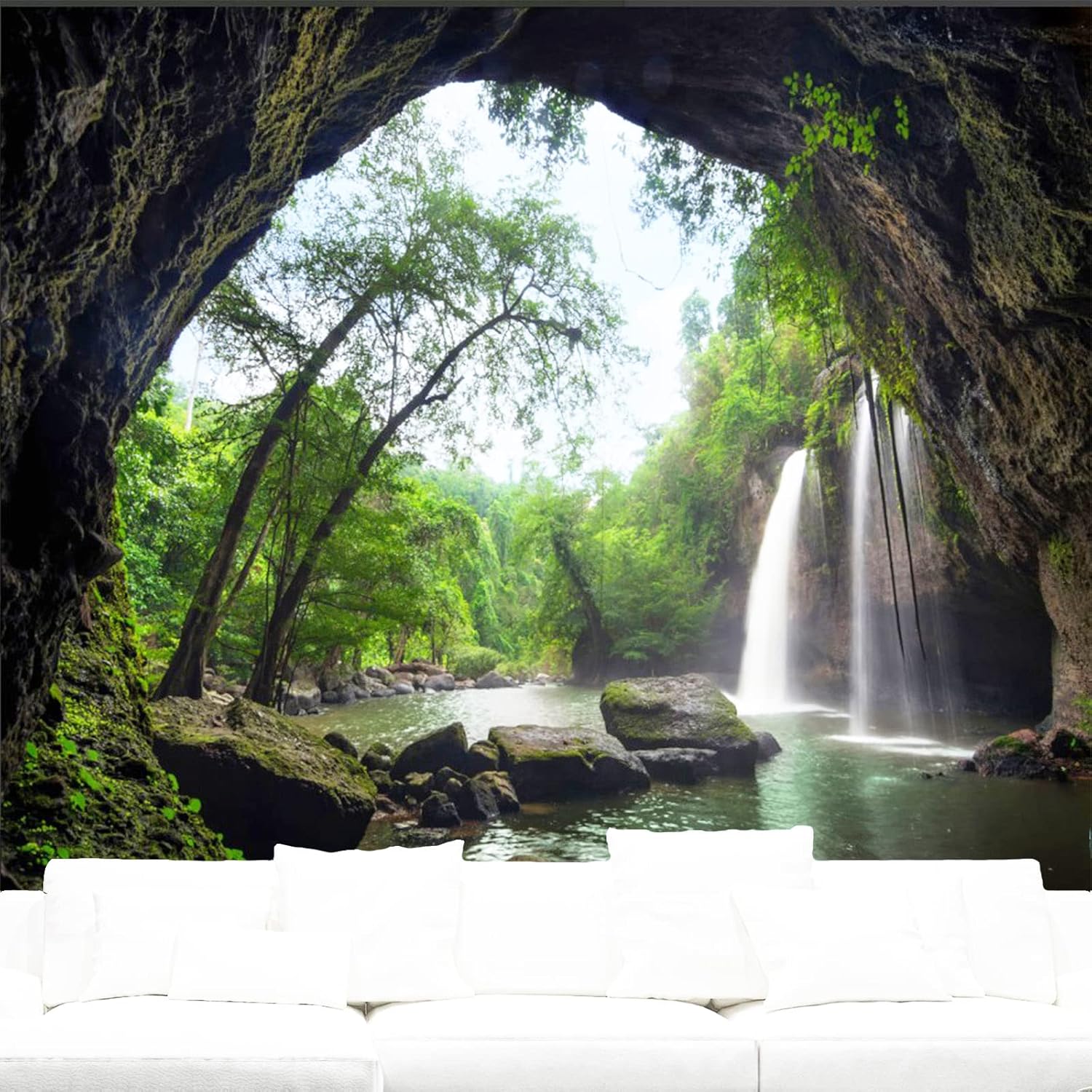 Showutheworld Tapiz verde de paisaje natural, tapiz de selva tropical, tapices de cascada, río, puente de madera, tapiz colgante de pared para sala