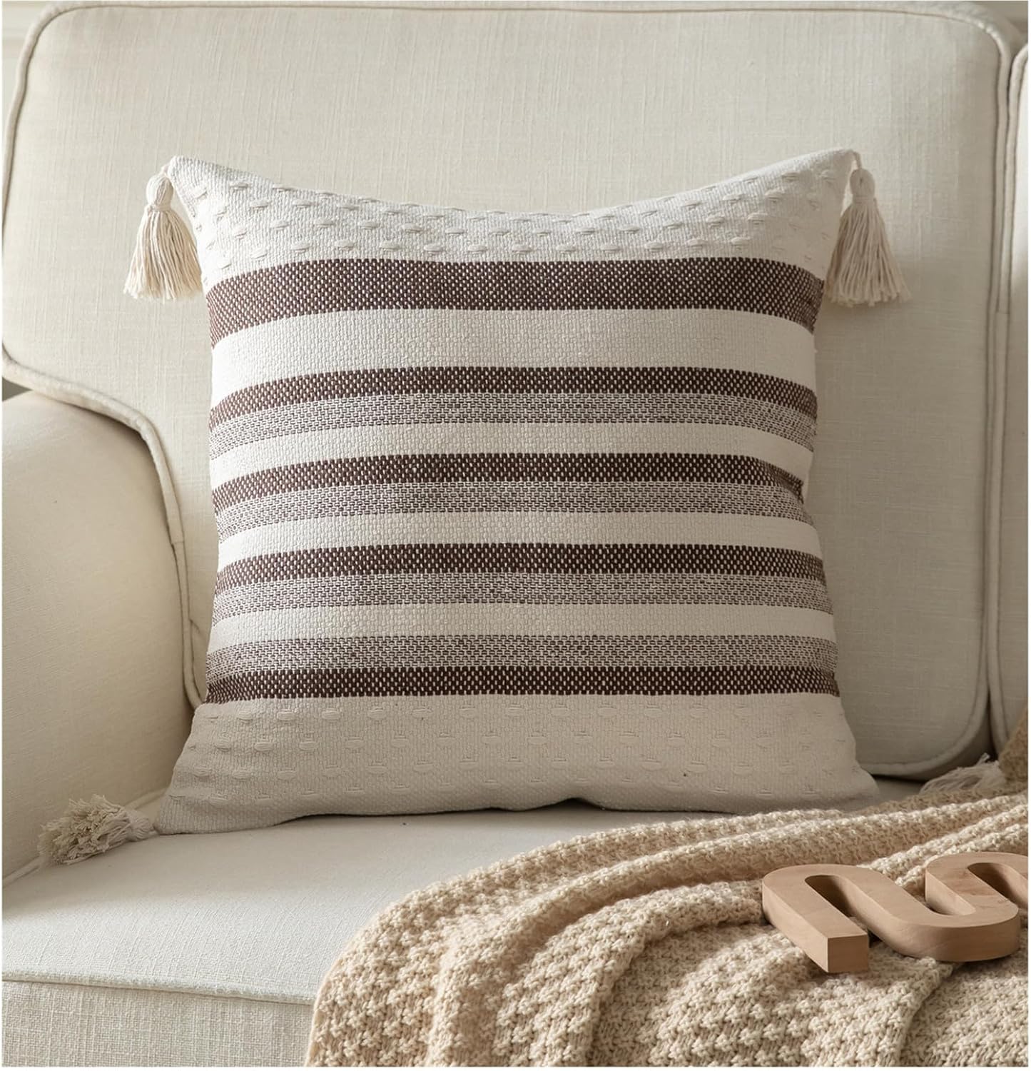 Juego de 1 funda de almohada bohemia de 20 x 20 pulgadas, fundas de almohada neutras con borlas para sofá, sala de estar y sala de estar al aire