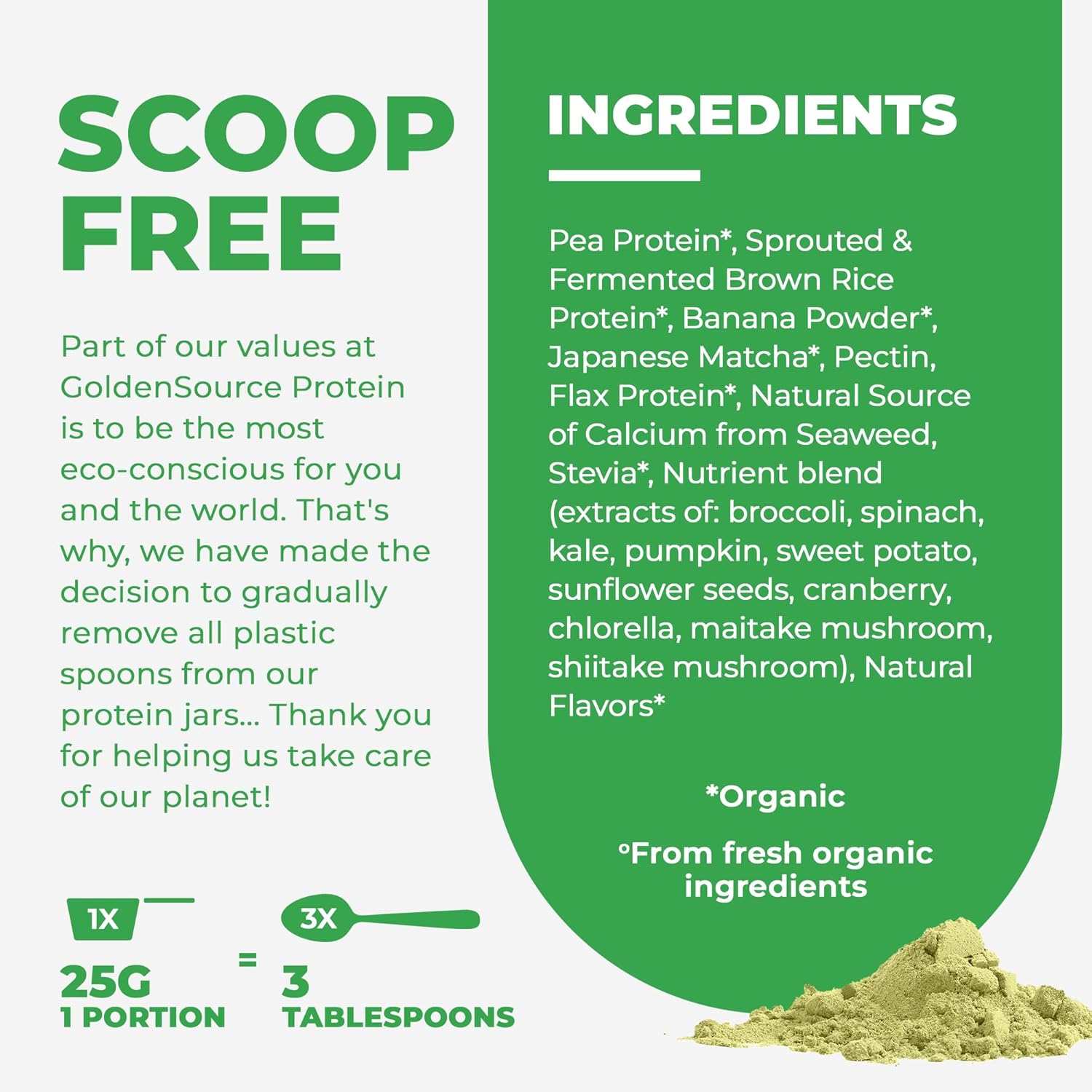 GoldenSource Proteins, proteína orgánica a base de plantas, matcha, 1 libra, 18 porciones, 22 vitaminas y minerales, perfil completo de aminoácidos,