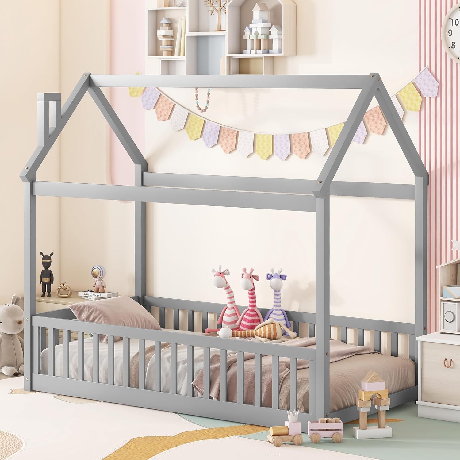 CITYLIGHT Base de cama de suelo de tamaño individual para niños, cama Montessori de madera con rieles y listones en forma de valla, cama individual