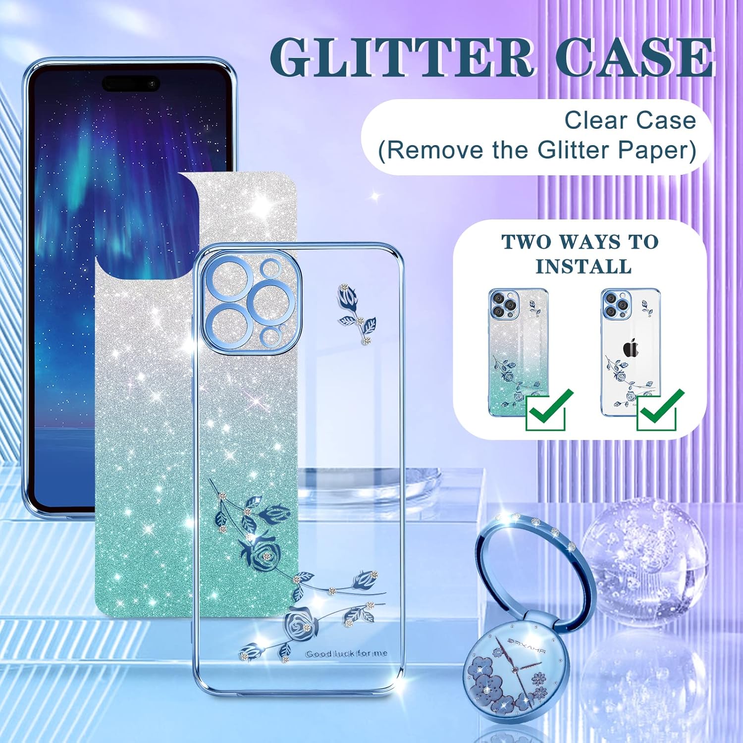 Coralogo Funda 3 en 1 para Apple iPhone 13 Pro Max con purpurina brillante para mujeres y niñas, funda brillante para teléfono, bonito diseño floral