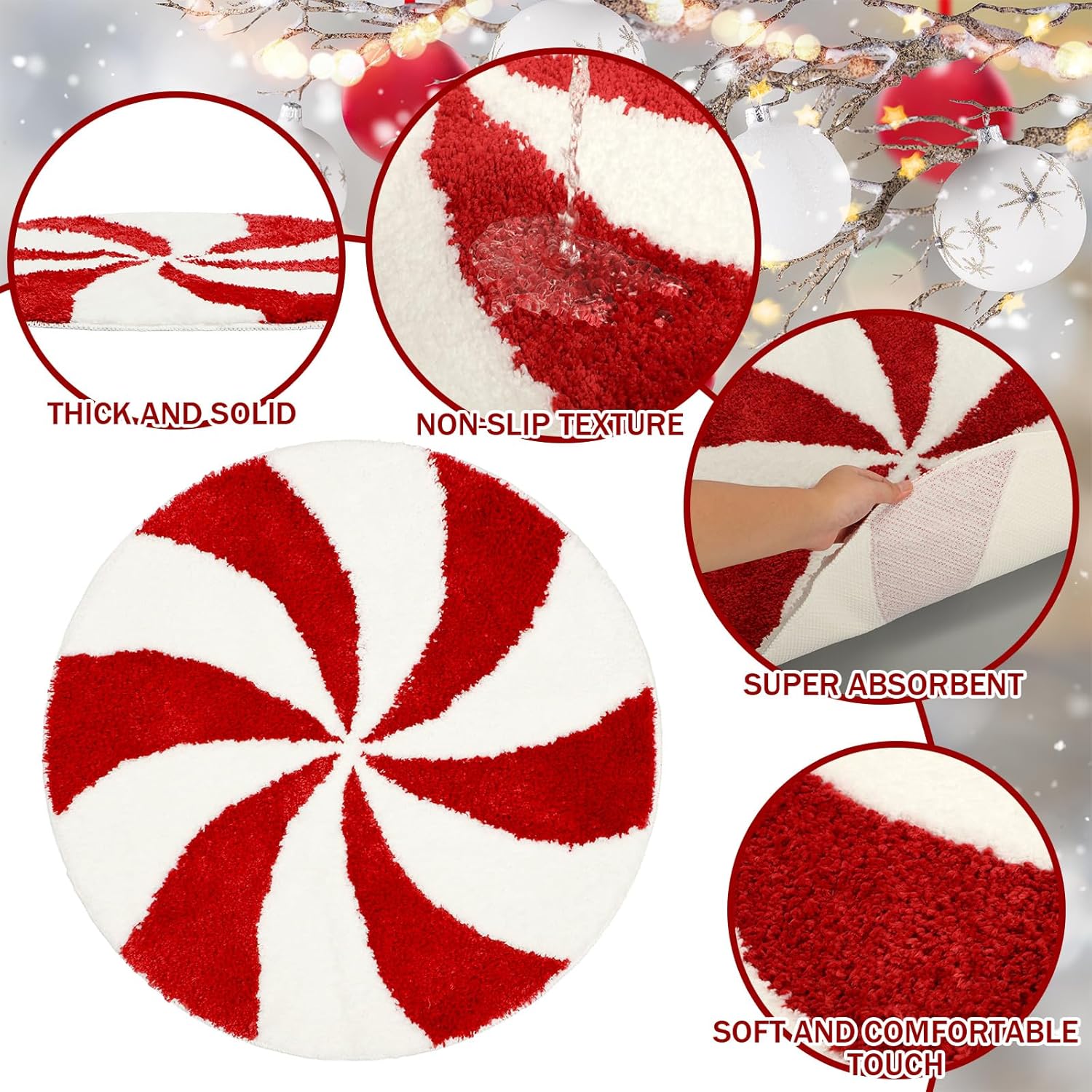Alfombras de baño de Navidad de 25 pulgadas, lavables, redondas, para invierno, color rojo y blanco, tapete de baño de caramelo, antideslizante,