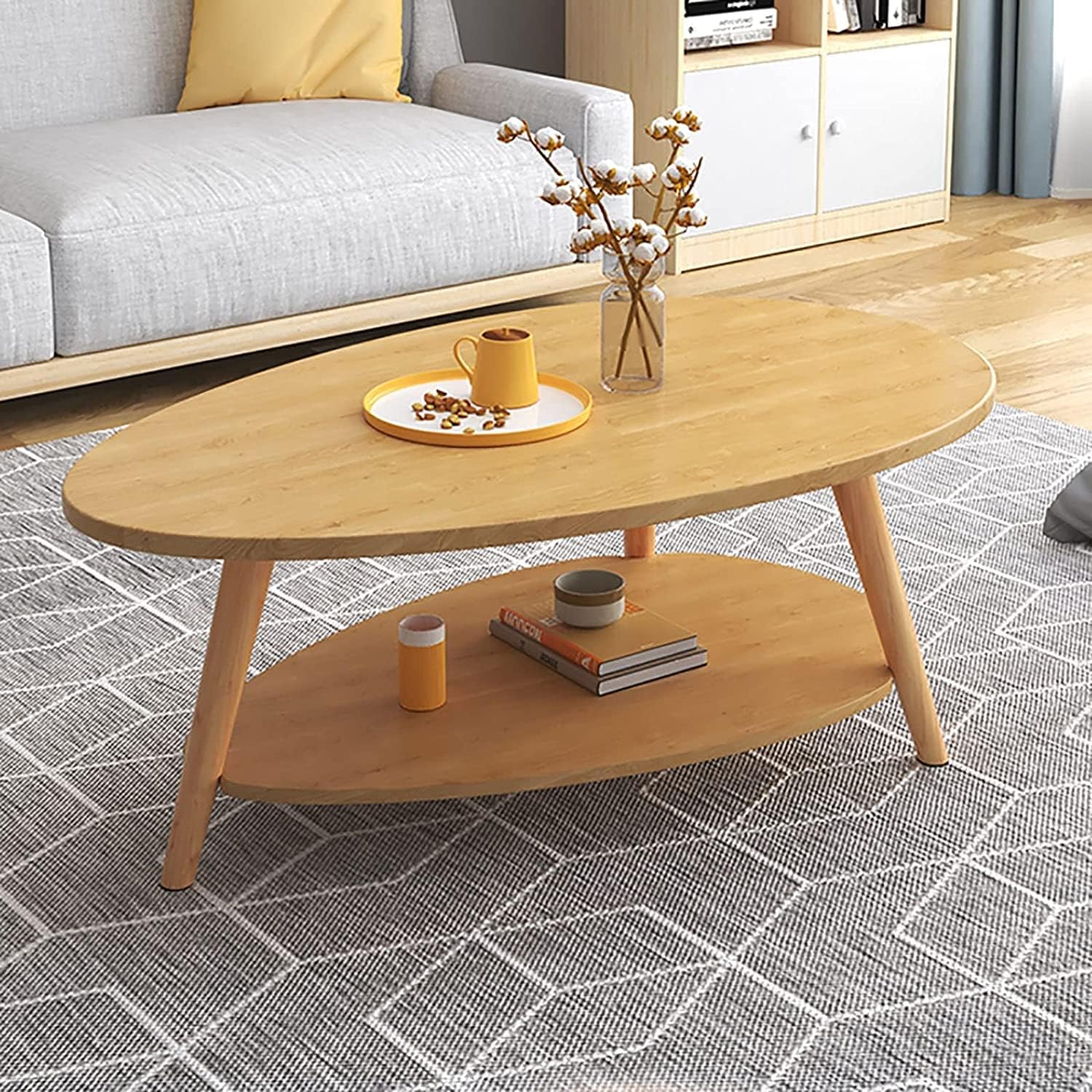 Mesa de Centro Mesa de centro ovalada de MDF con patas de madera de 35.4 x 19.7 x 16.5 in, mesa auxiliar de sofá de doble capa, para apartamento