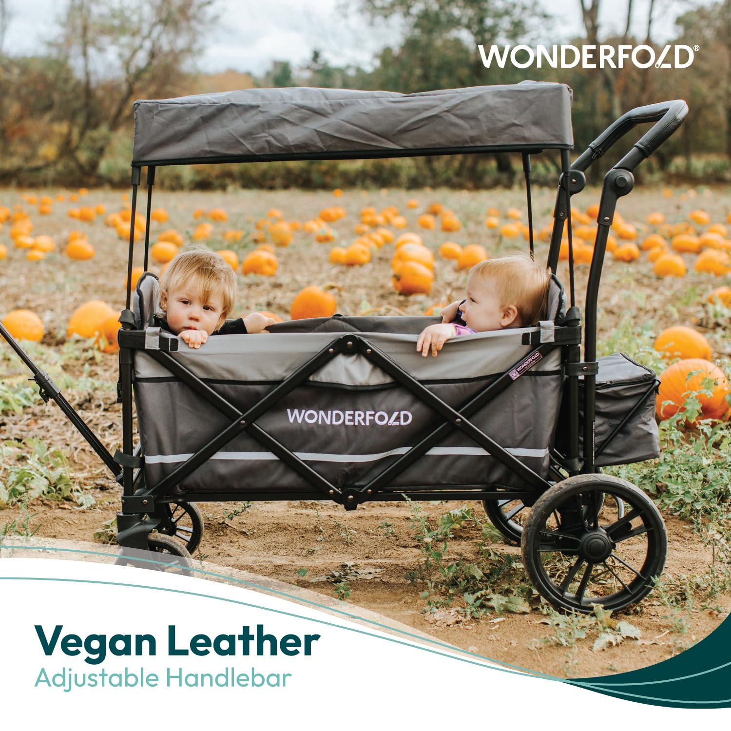 WONDERFOLD X2 – Cochecito doble de empuje y tracción (2 plazas) con arneses de 5 puntos, mango de empuje ajustable, mango telescópico y toldo